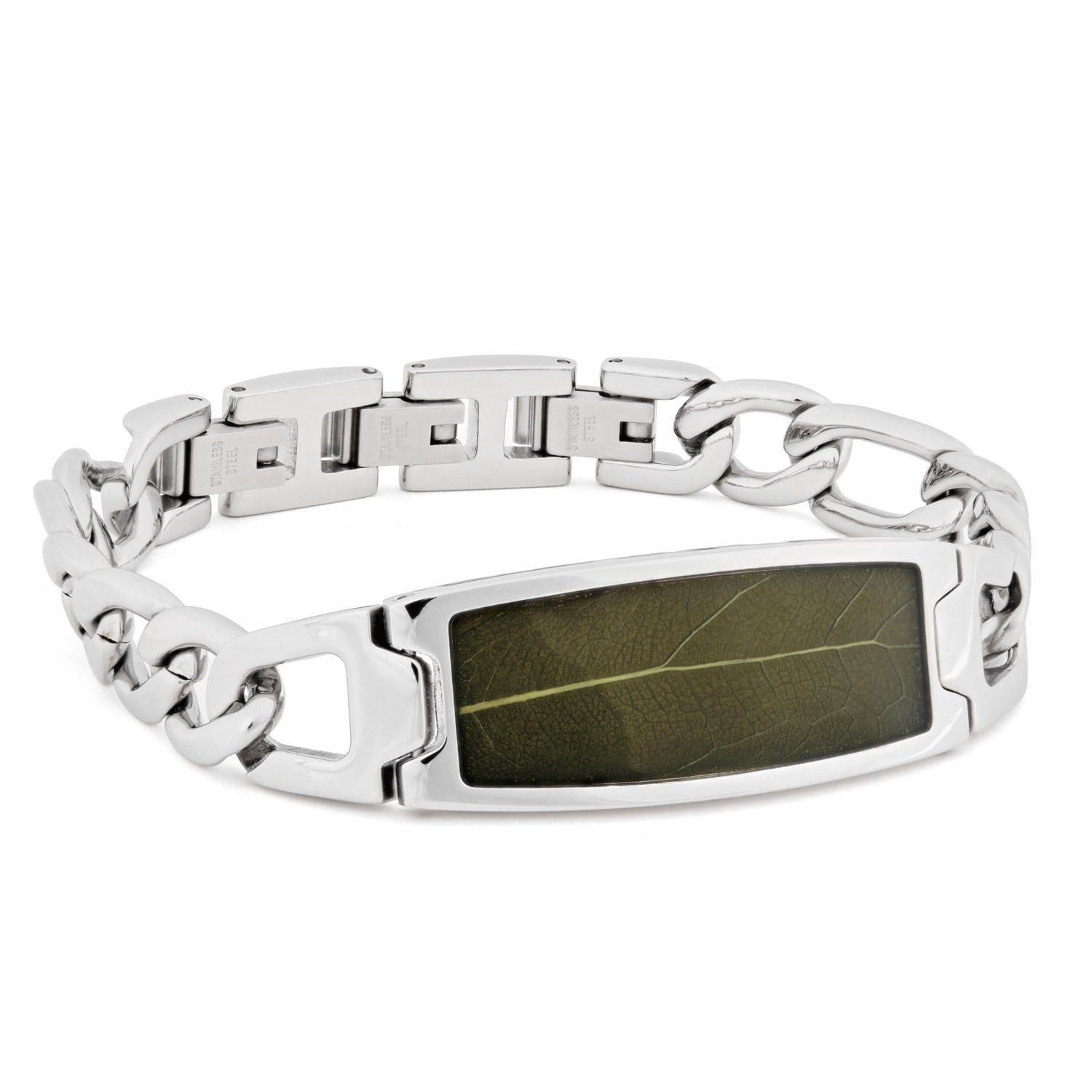 Holzkern Gliederarmband Herren-Edelstahl Modulus Blatt Grün/Silberfarben