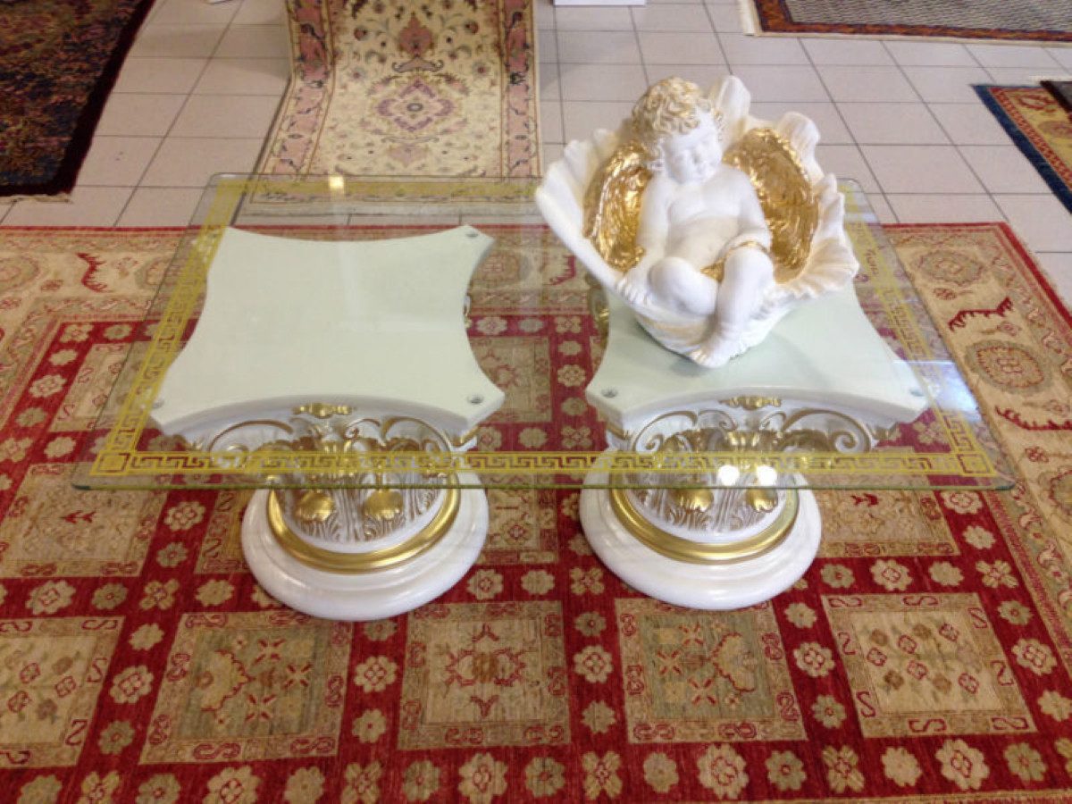 Schatzkiste1 Couchtisch Wohnzimmertisch Barockstil Antik Couchtisch Gold Mäander 130cm (2x Säulen + 1x Glasplatte), 130cm lang, 90cm Breit, 55cm hoch