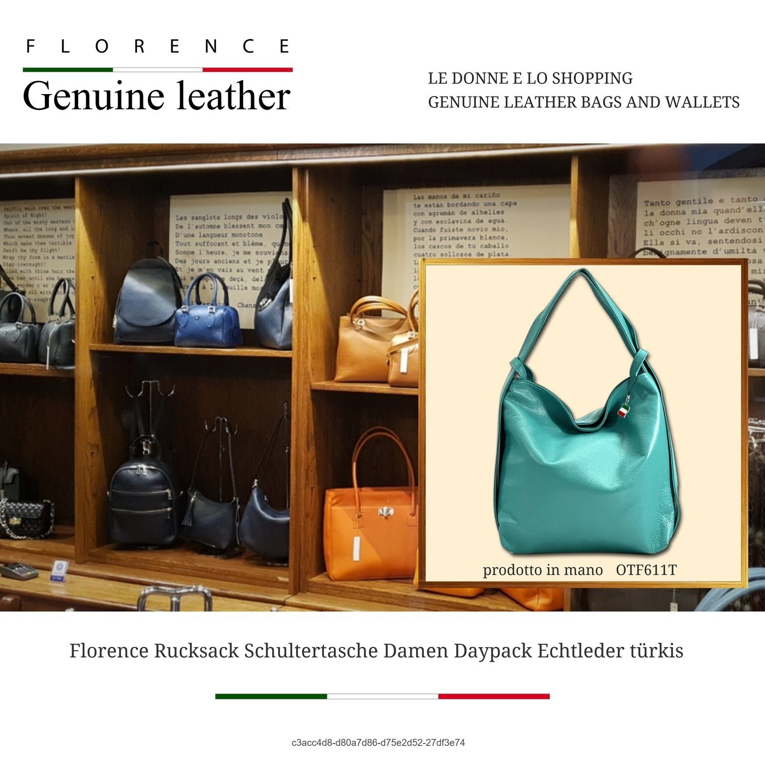 FLORENCE Cityrucksack Florence Damen Rucksack Schultertasche (Cityrucksack), Damen Tasche Echtleder türkis, Made-In Italy
