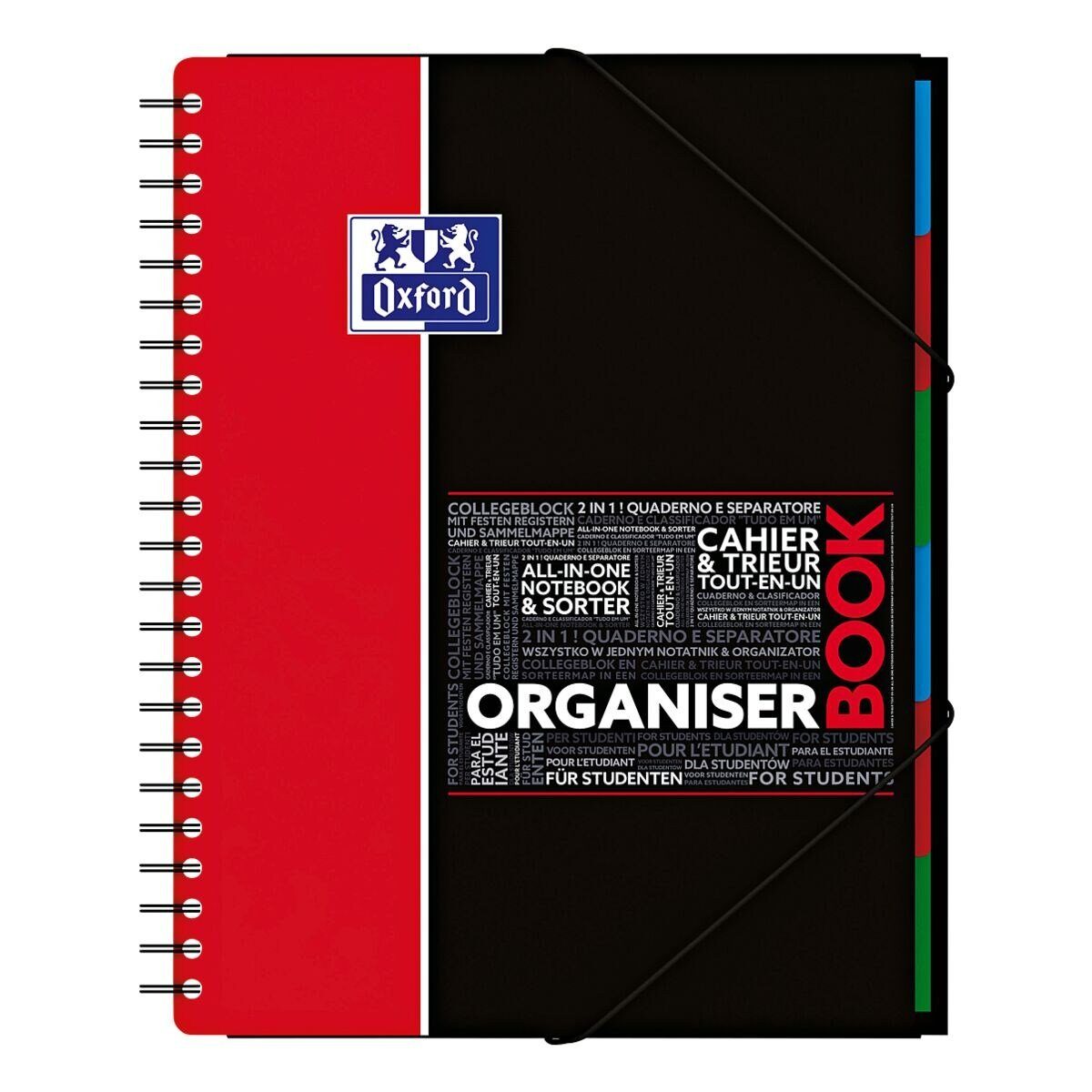 OXFORD Collegeblock Studium Organiserbook, A4+ kariert, 80 Blatt, inkl. 6 Register und Gummizug