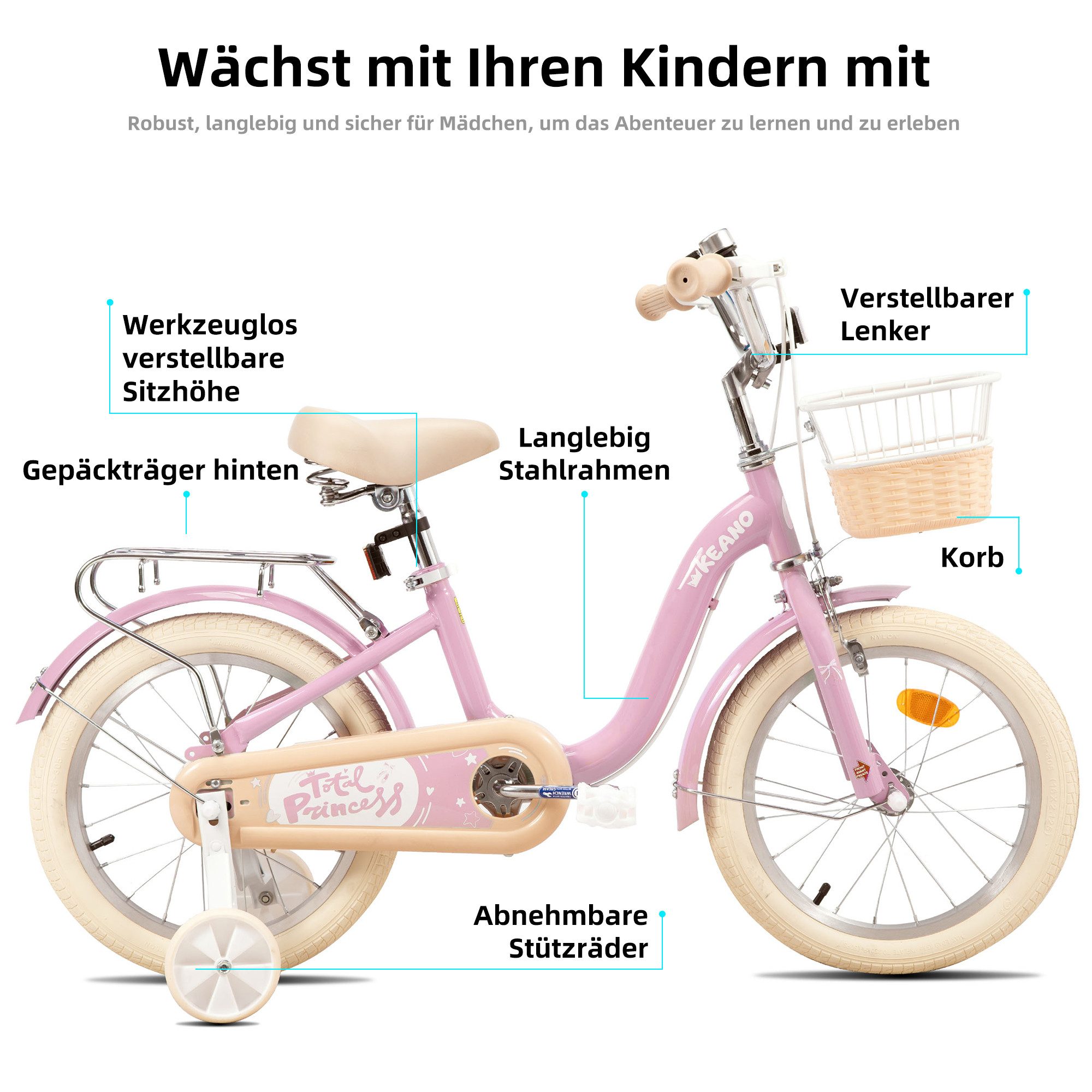 JOYSTAR Kinderfahrrad 16/20 Zoll Fahrräder für Mädchen Geeignet 4-10 Jahren, mit Korb, Kotflügel, Kettenschutz, Gepäckträger und Stützrädern