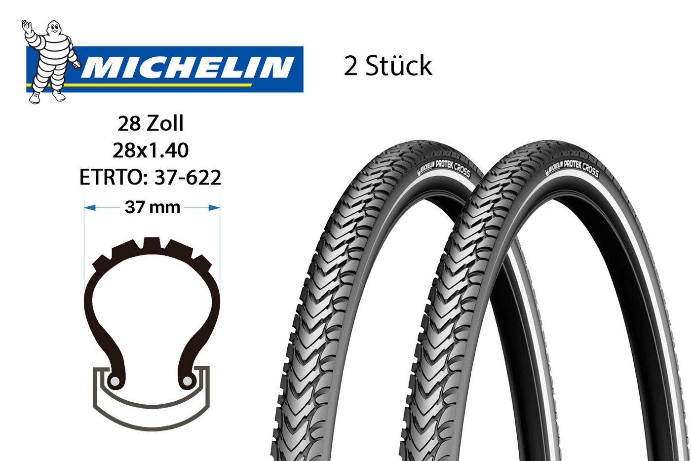 Michelin Fahrradreifen 2Stück 28x1.4 MICHELIN Protek Cross Fahrrad Reifen 37-622 Pannenschutz