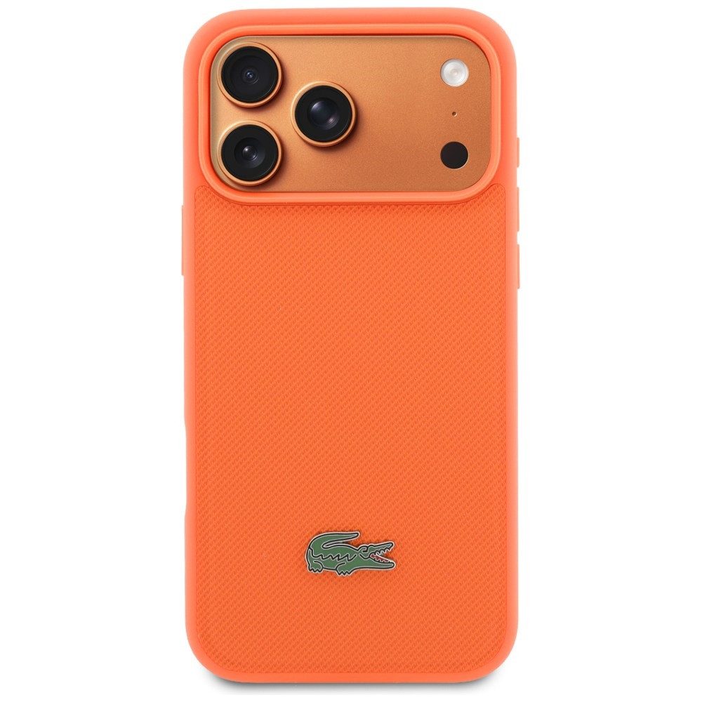 Lacoste Handyhülle iPhone 17 Pro Max Iconic Petit Pique orange Logo Metall Magsafe 6,9 Zoll, Kantenschutz