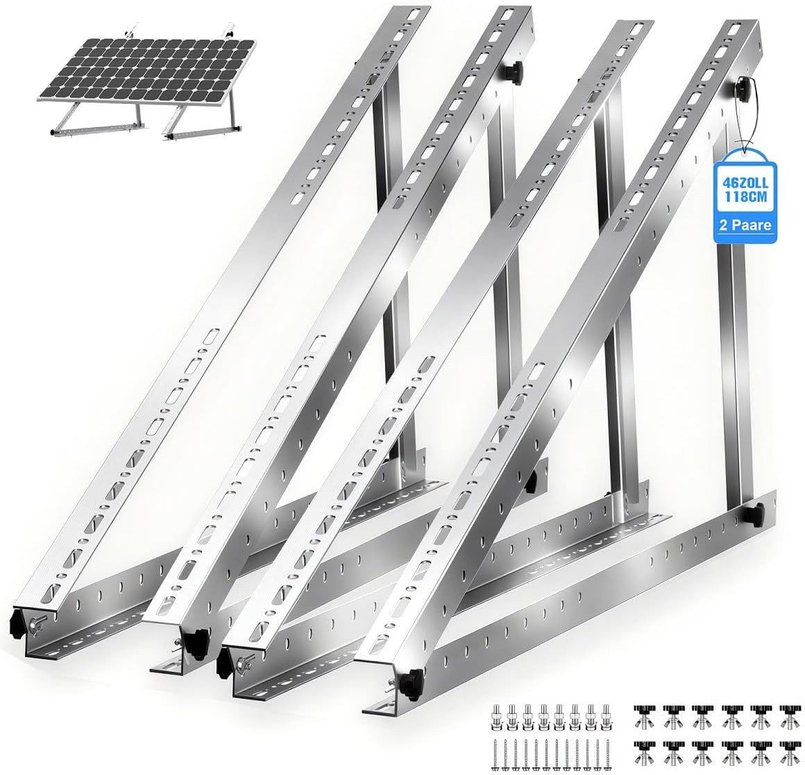 Rhein Beleuchtung Solarmodul Verstellbare Solarmodul-Halterung 118 cm – robust & langlebig, (4-St., Für 400–600 W Solarmodule & Balkonkraftwerk – einfache Montage), 0–90°Neigung, wetterfest & ohne Bohren – flexible Solarpanel Halterung