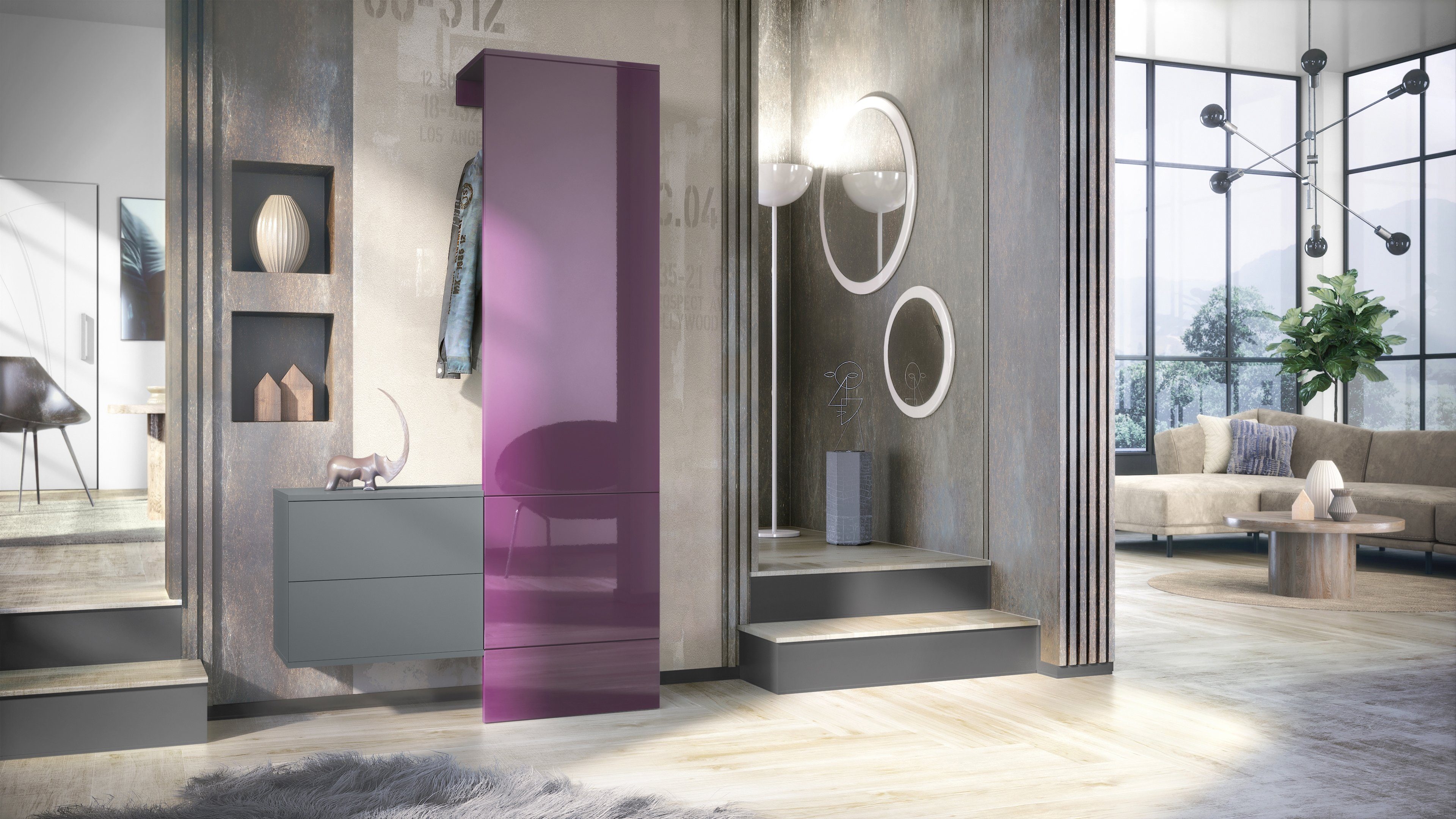 Vladon Garderoben-Set Carlton Set 2, (Wandgarderobe bestehend aus, 1 Paneel und 1 Schubkastenschrank), Anthrazit matt/Brombeer Hochglanz (105 x 193 x 35 cm)