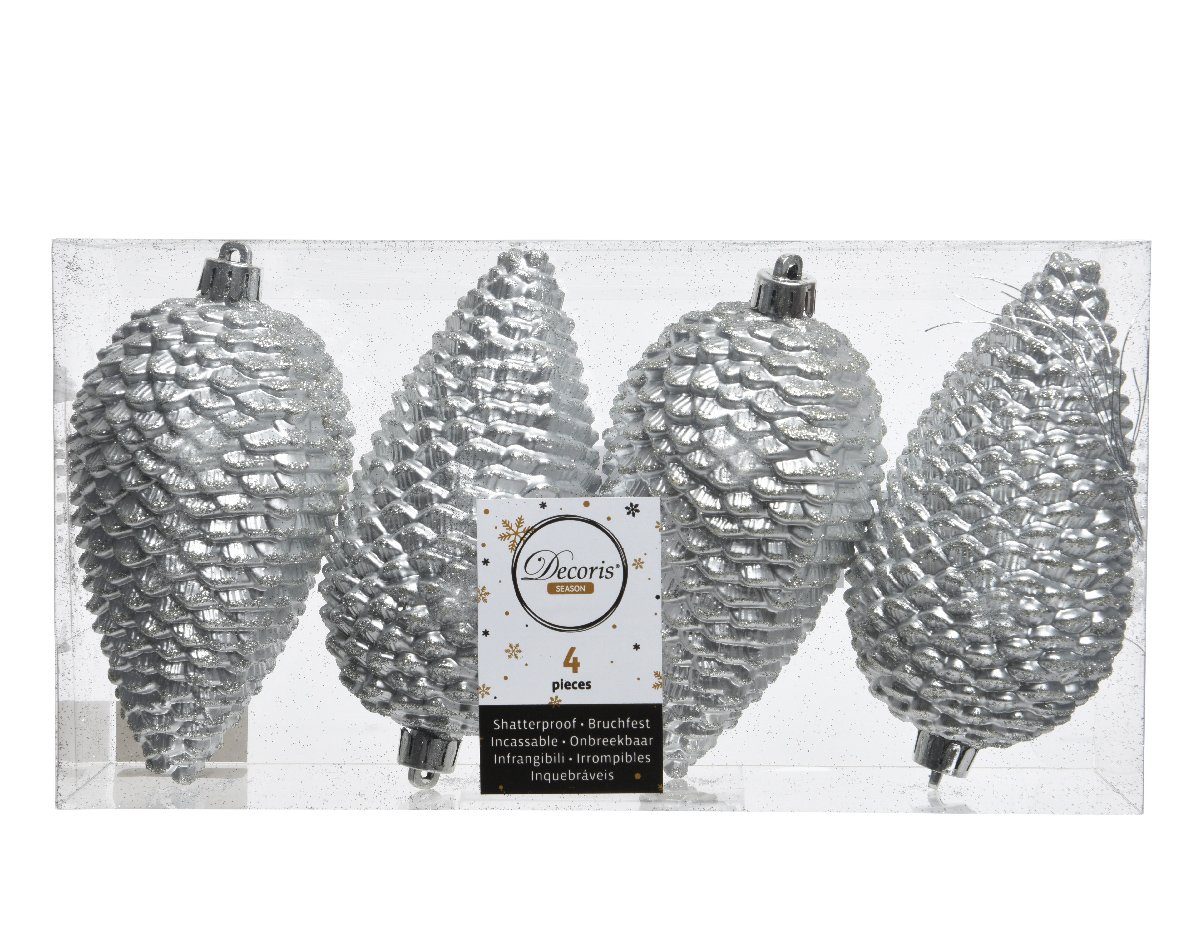 Kaemingk Christbaumschmuck, Christbaumschmuck Zapfen 12cm Kunststoff 4 Stück - Silber