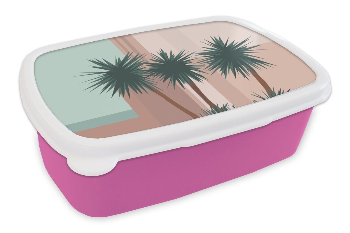 MuchoWow Lunchbox Sommer - Palmen - Abstrakt - Pastell, Kunststoff, (2-tlg), Brotbox für Erwachsene, Brotdose Kinder, Snackbox, Mädchen, Kunststoff rosa