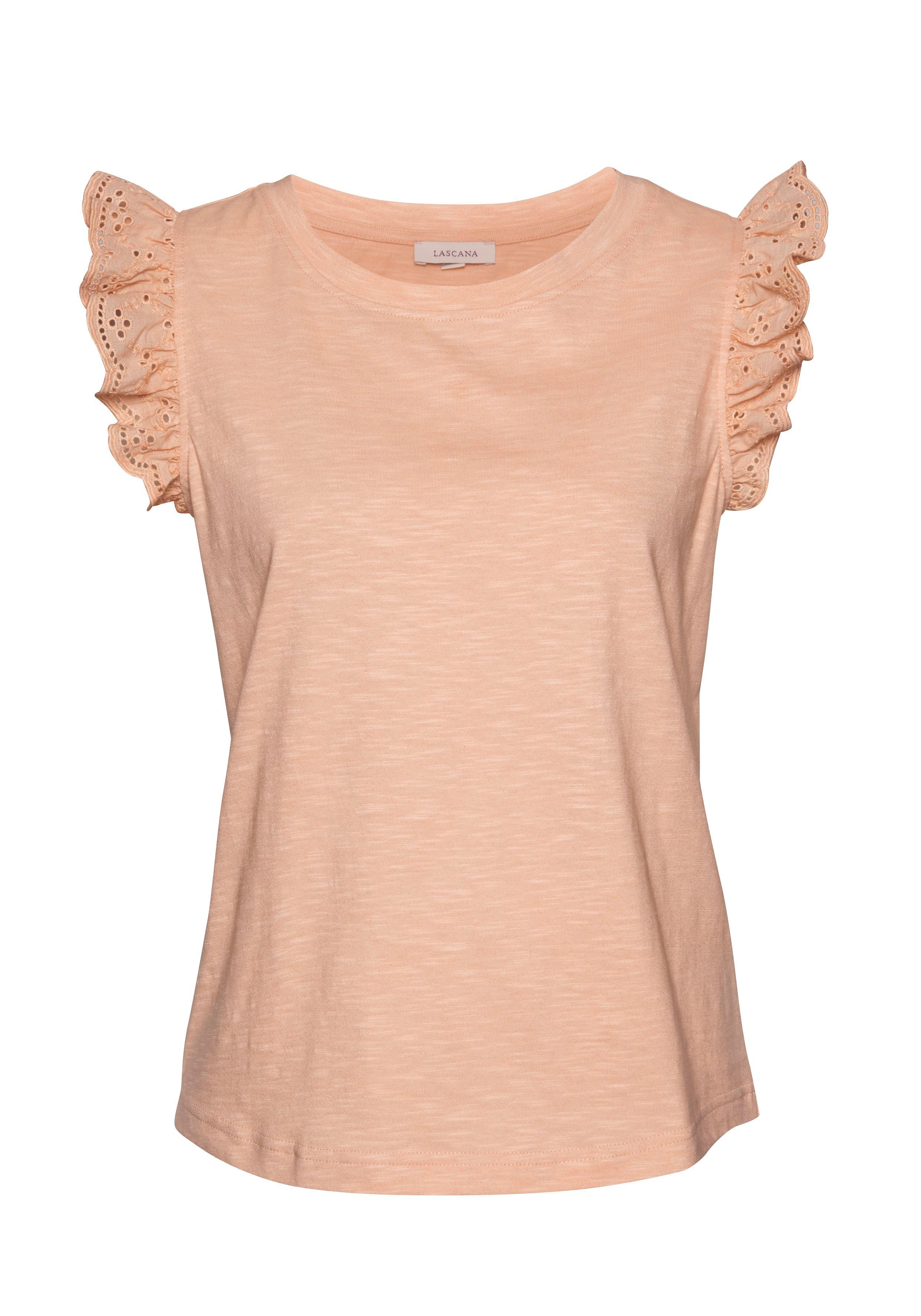 LASCANA Shirttop mit Rüschenärmeln aus Spitze, Damentop aus Baumwolle. € 26,99