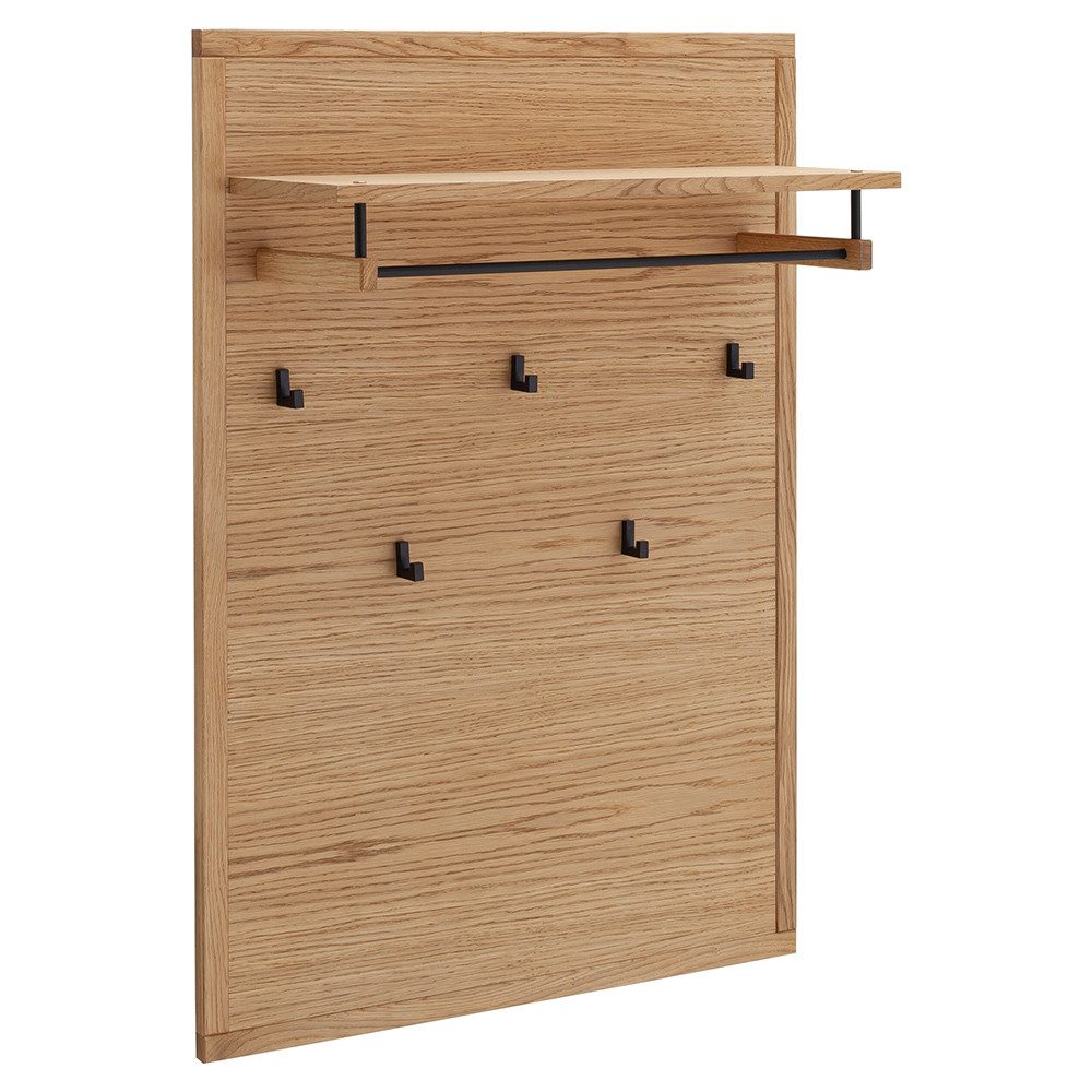 Lomadox Garderobenpaneel AVESTA-06, in Eiche, teilmassiv, grifflos mit schwarzen Haken und Kleiderstange