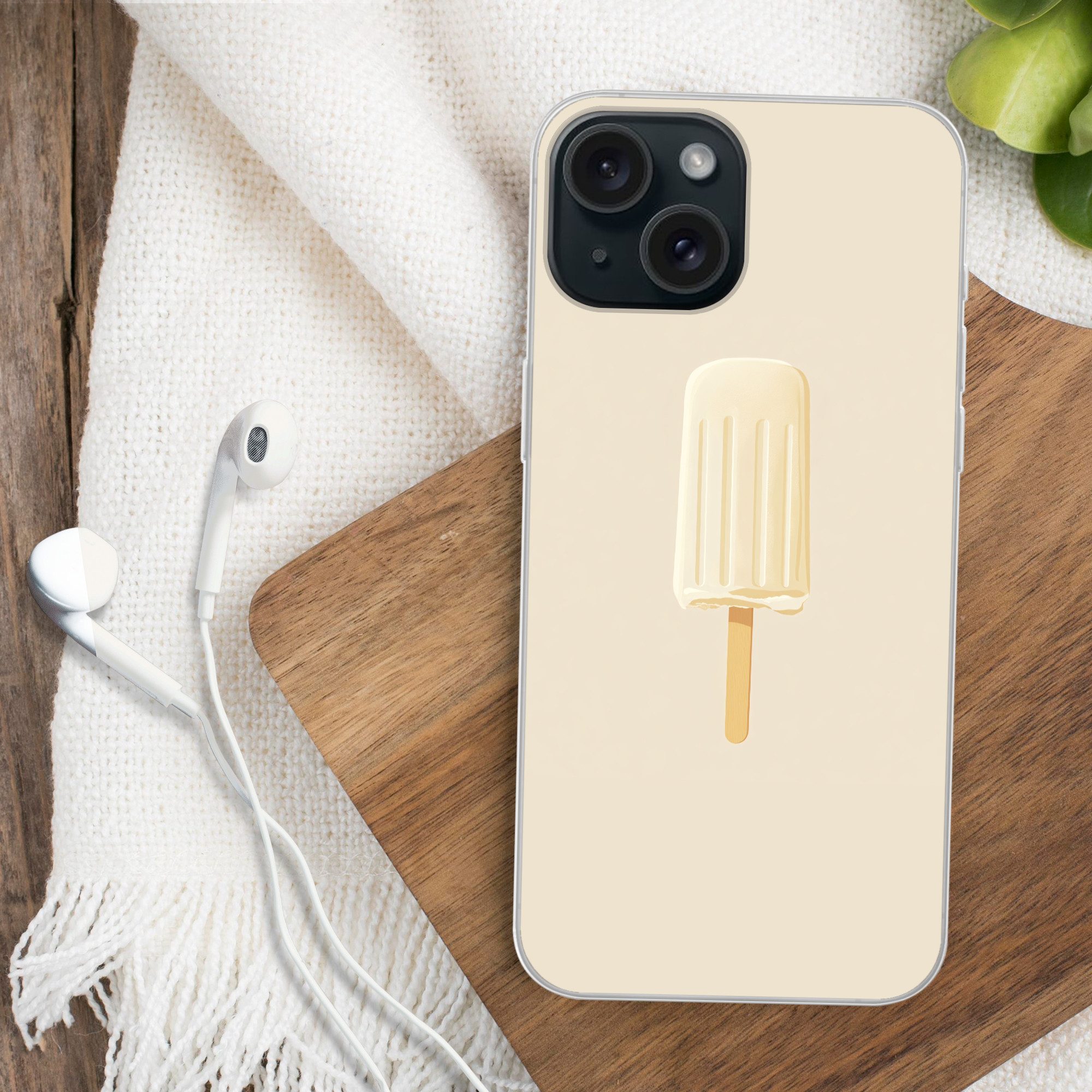 MuchoWow Handyhülle für Apple iPhone 15 Minimalistisch - Wassereis - Stick - Beige, Smartphone-Bumper, Print, Handy Schutzhülle Dünn