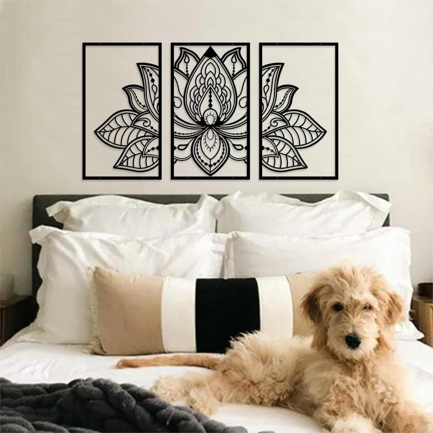 LuxusKollektion Wanddekoobjekt Wanddeko Lotus Blume Mandala 3 teilig Set 81cm x 43cm Schwarz (1 St)