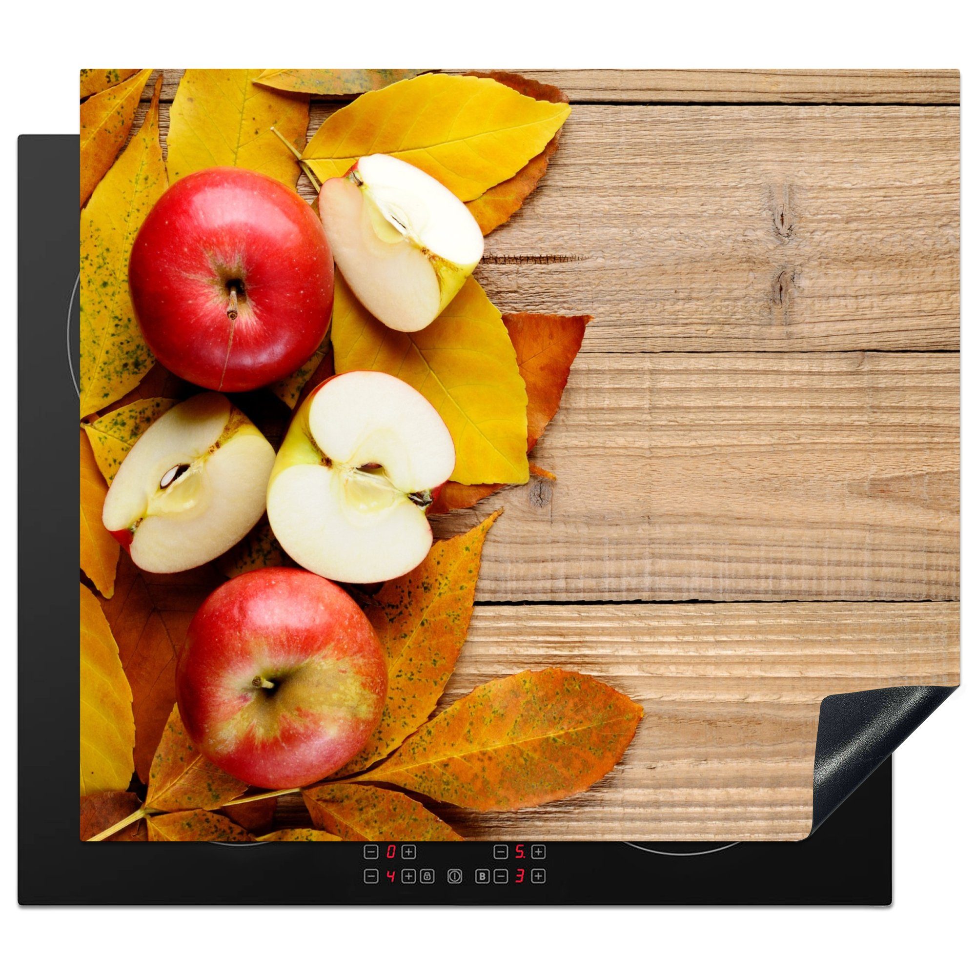 MuchoWow Herdblende-/Abdeckplatte Apfel - Blätter - Herbst - Obst, Vinyl, (1 tlg), 59x51 cm, Induktionsschutz, Induktionskochfeld, Ceranfeldabdeckung