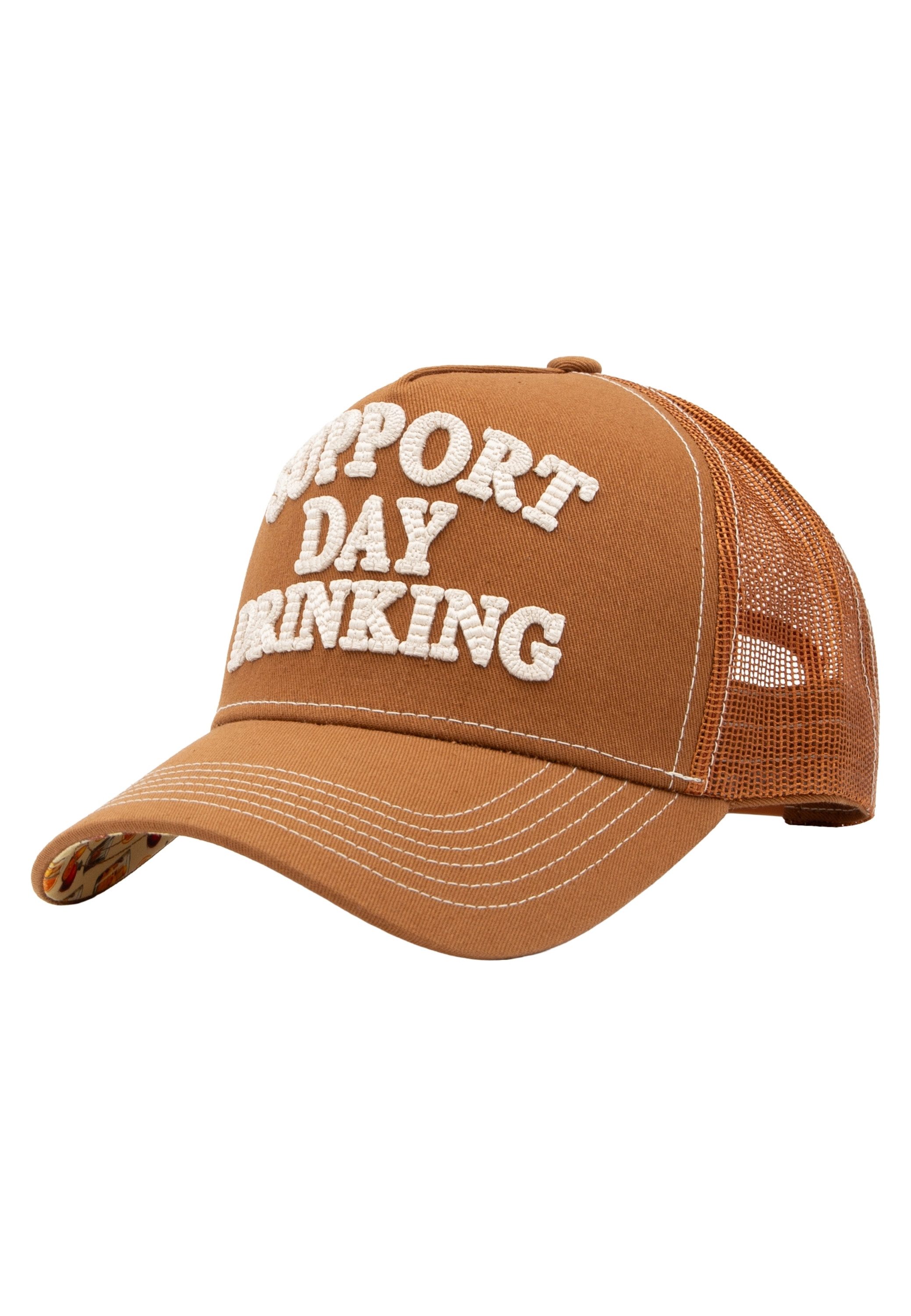 KingKerosin Trucker Cap Support Day Drinking Plastischer Spruch-Schriftzug und Cocktail-Print unter dem Schirm