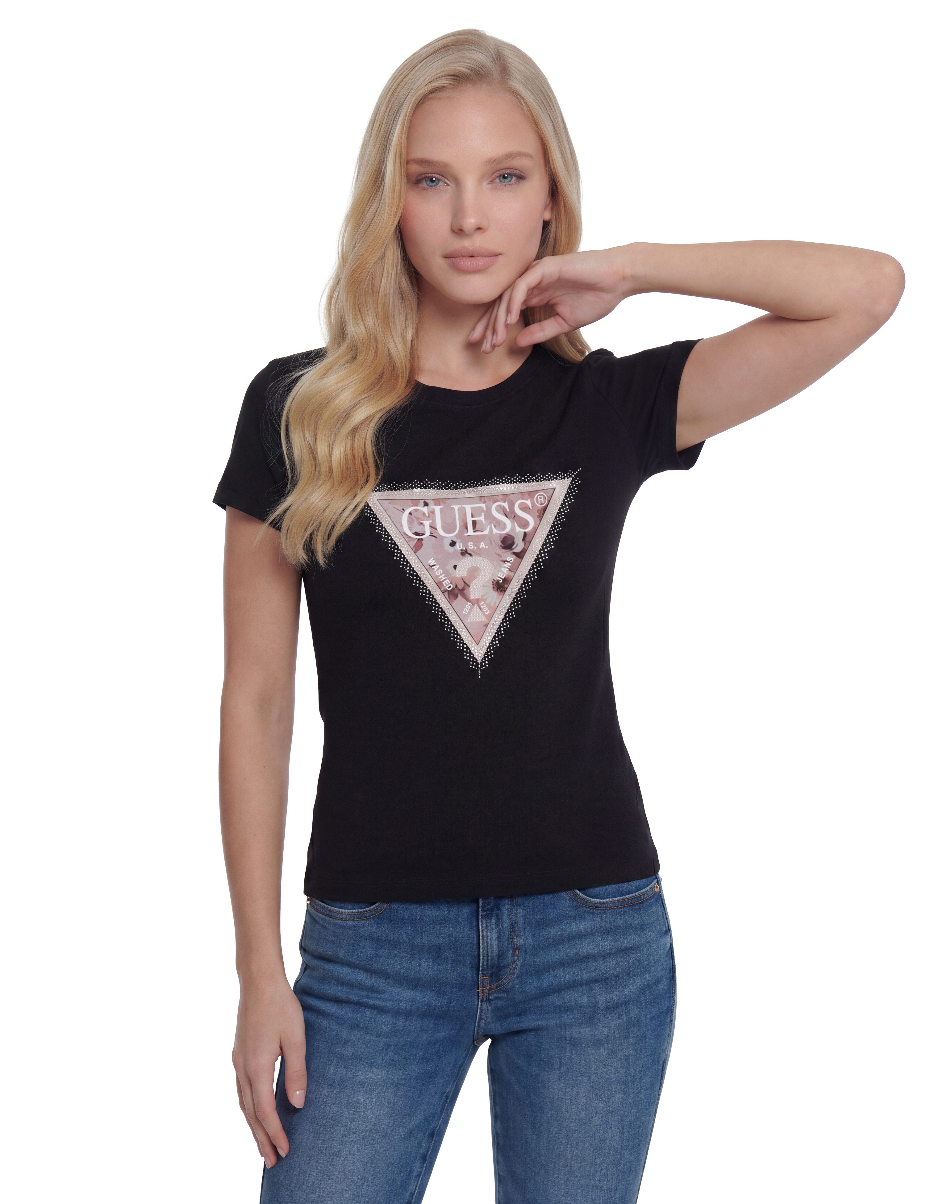 Guess T-Shirt SS CN COSMOS CANVAS TRIANGLE T mit Dreieckslogo, Slim Fit