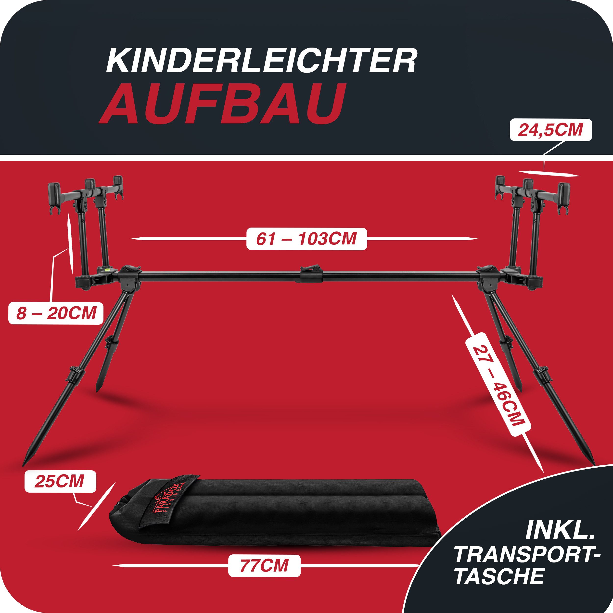 Paradox Fishing Rutenhalter Rod Pod 3 Ruten – verstellbar - Rutenhalter - Karpfen Angeln, (2-tlg., flexibel verstellbar, rostfrei, stabil, inklusive Transporttasche)