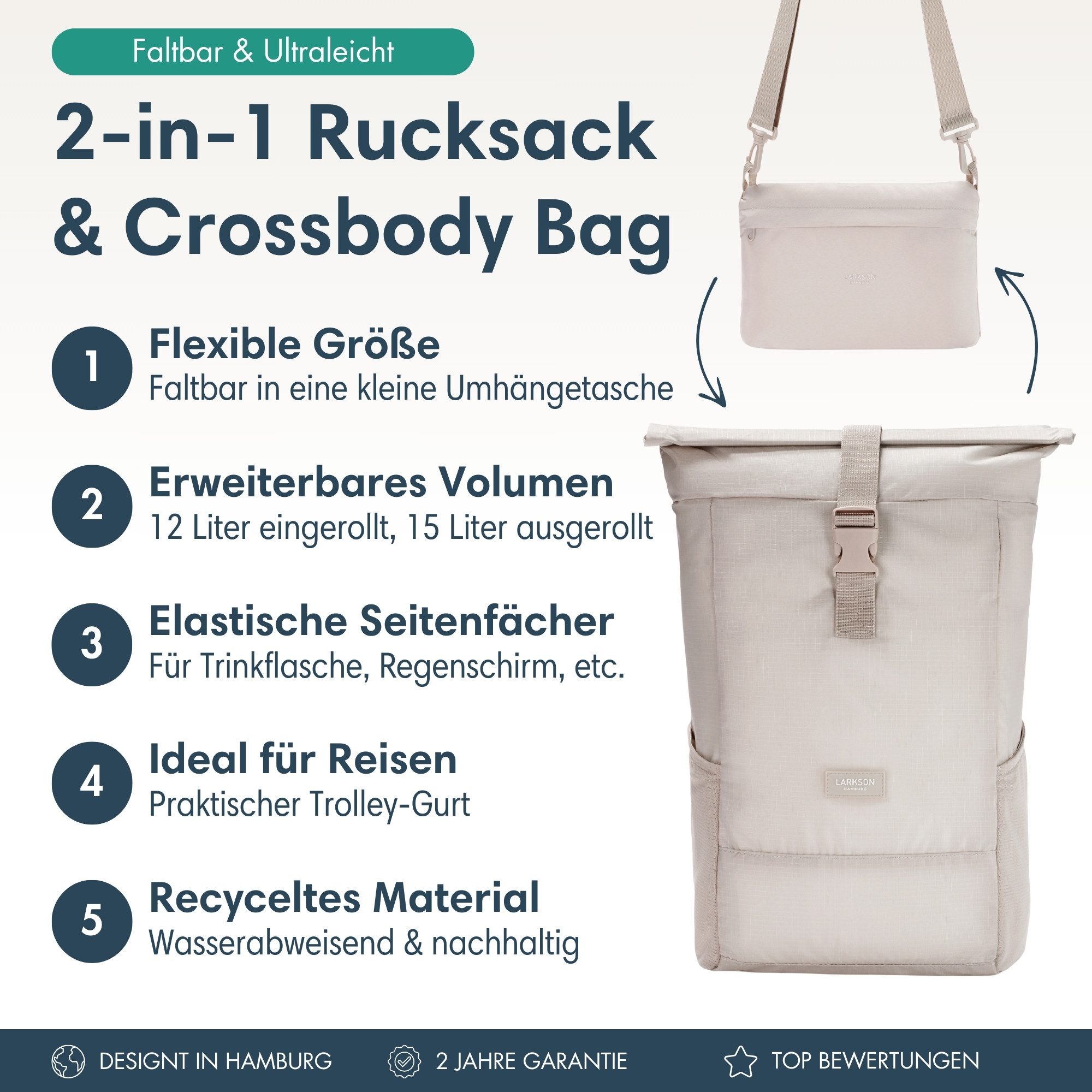 LARKSON Cityrucksack Arne Packable Rucksack (1-tlg), 2in1 Crossbody Bag & R günstig online kaufen