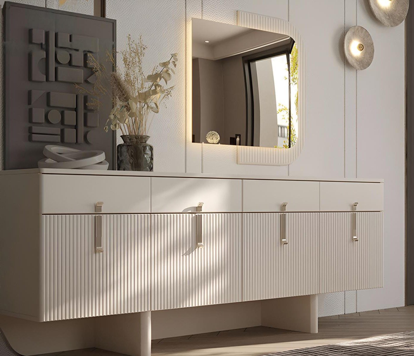 Xlmoebel Sideboard Konsolentisch mit Spiegel in Beige und eleganten Holzdetails, Made in Europa