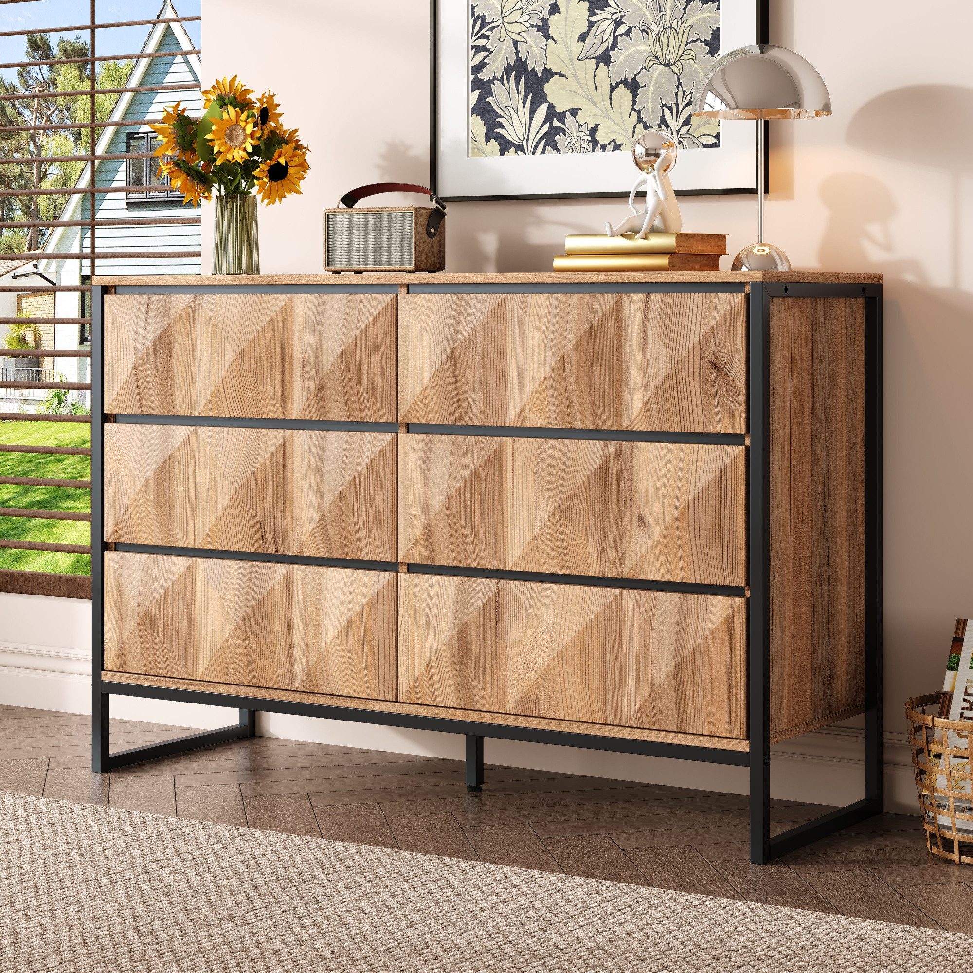 Merax Sideboard mit 6 Schubladen und Metallbeinen (Anrichte Kommode Buffetschrank Aufbewahrungsschrank, 1 St., 120x40x80cm), Kommode mit natürlichen Holztönen,  – Bild 5 von 5