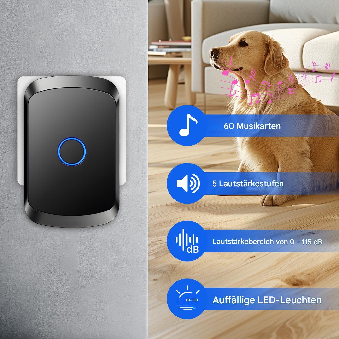 SinLaw Türklingel-Set Wasserdichte kabellose Türklingel mit Lautstärkeregler - Schwarz, Türklingel-Set