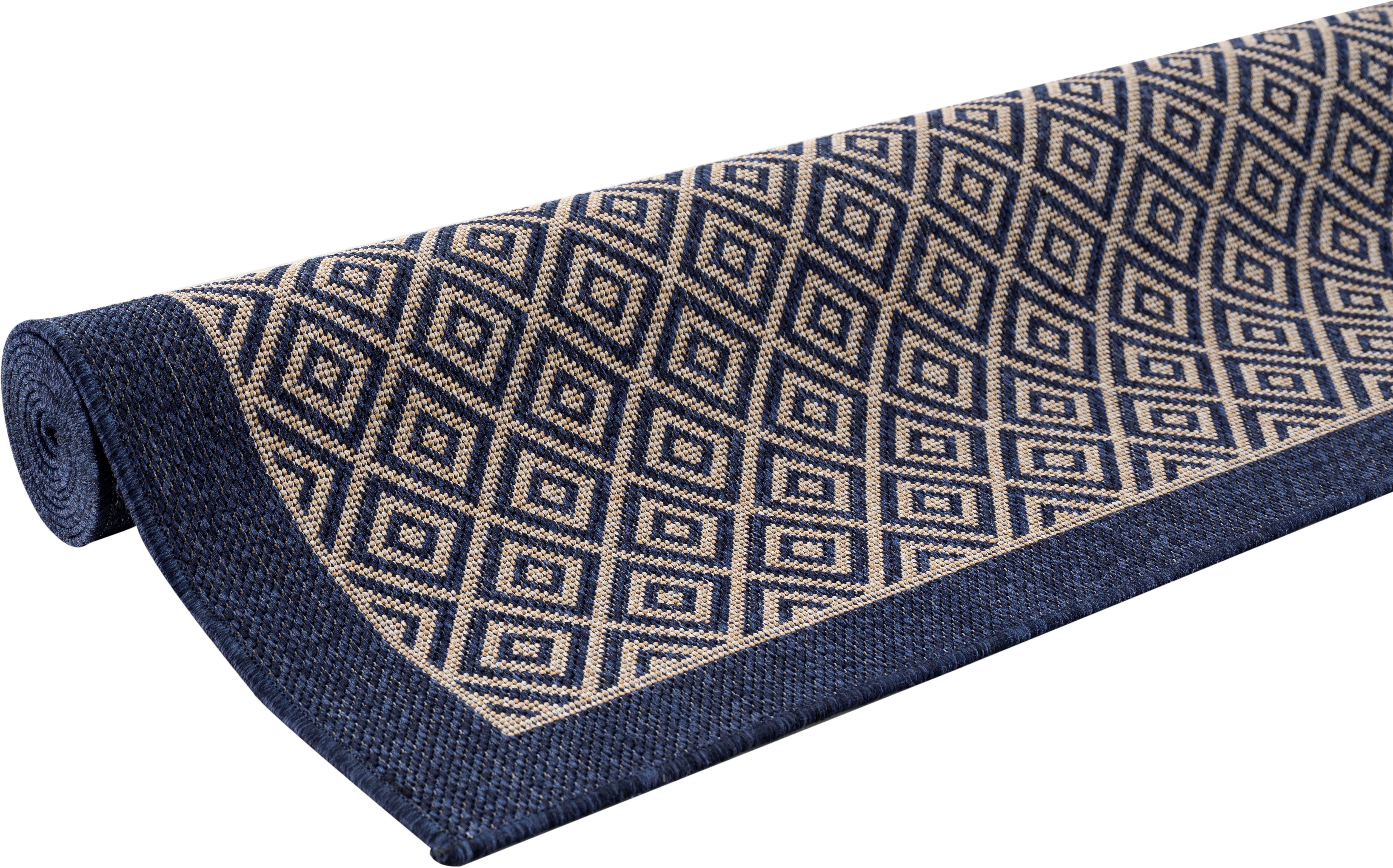 andas, Teppich UV-beständig, mm, rechteckig, Bordüre,Rauten-Design, wetterfest blau Aliza, 8 mit Outdoor geeignet & Höhe: