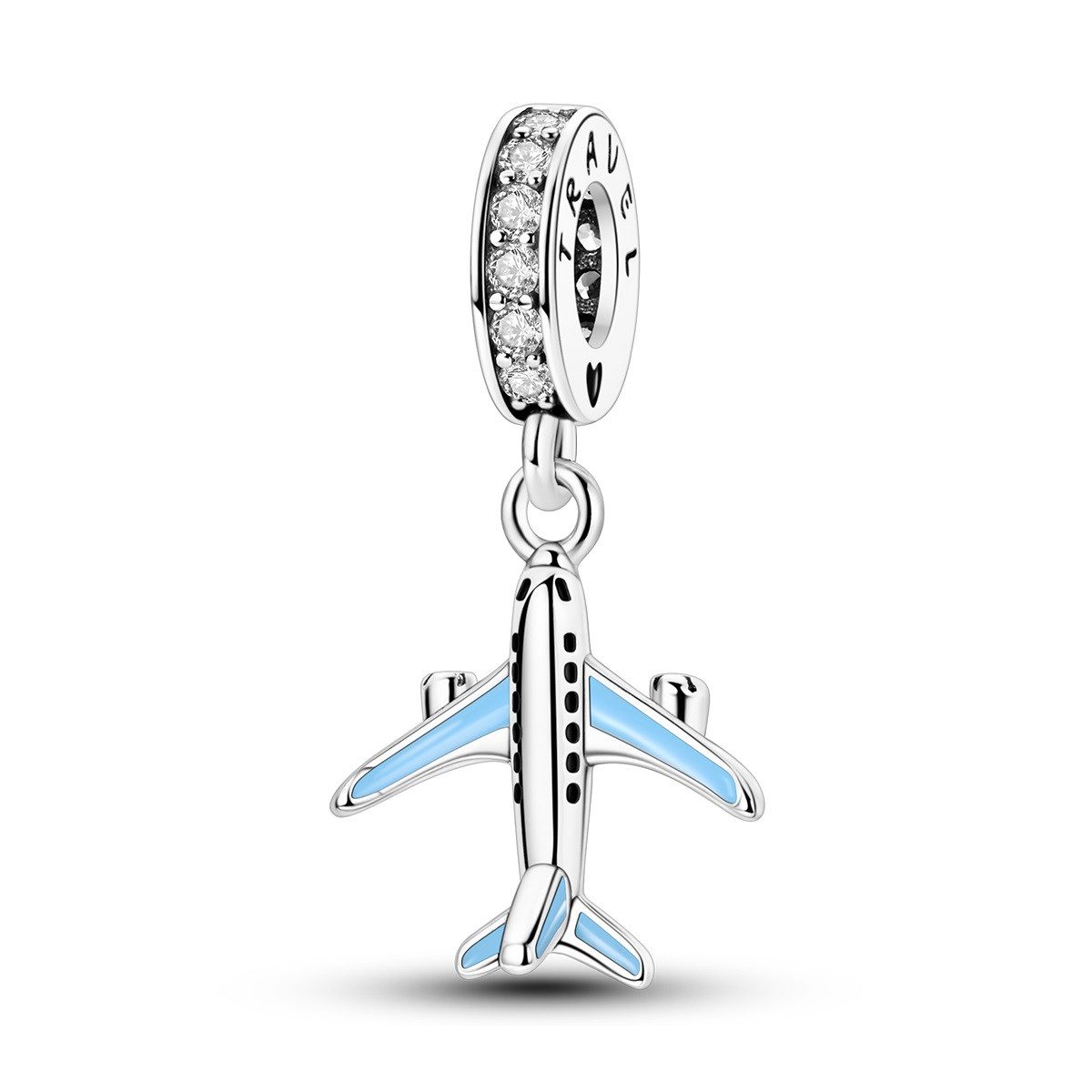 PANDACHARMS Bead Hellblaues Flugzeug Charm Anhänger, 925er Sterling Silber, Zirkonia