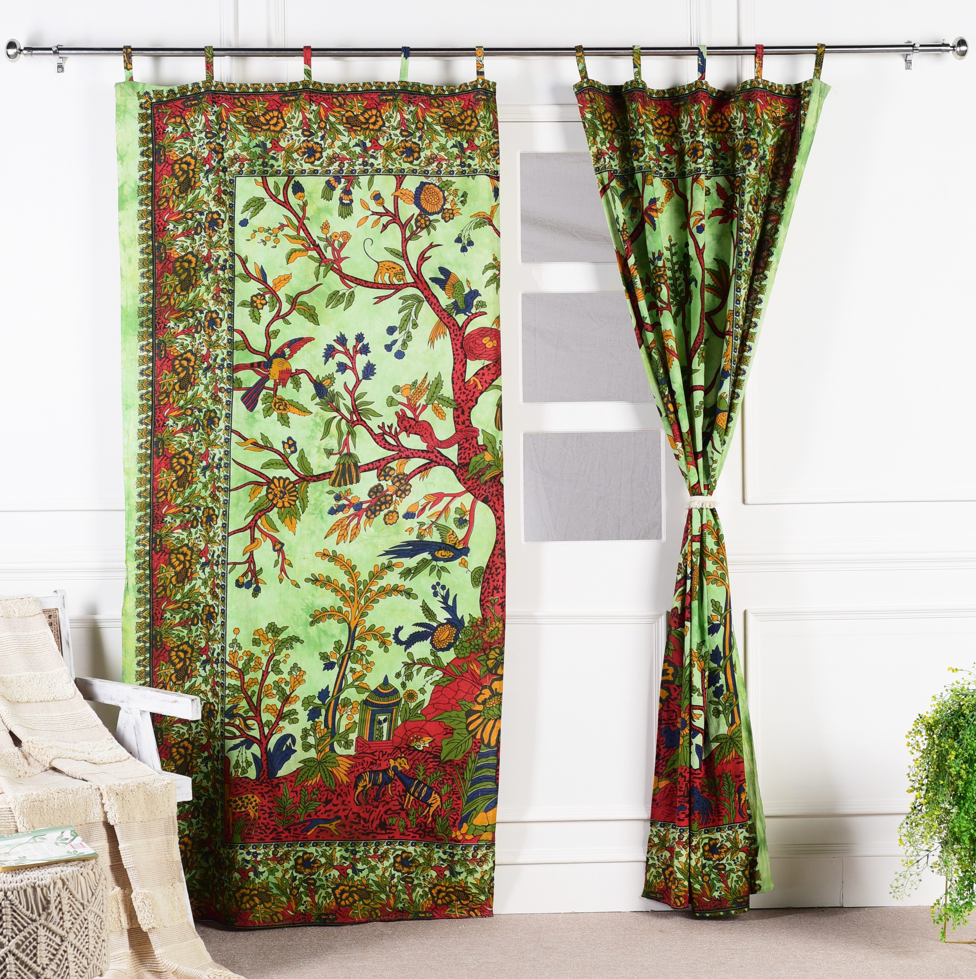 Karmandala Vorhang Lebensbaum Vögel Gardine blickdicht indischer Schlaufenschal 2er-Set, Schlaufen, Baum des Lebens Boho Gardinen aus Baumwolle Vorhang Set – Bild 2 von 5