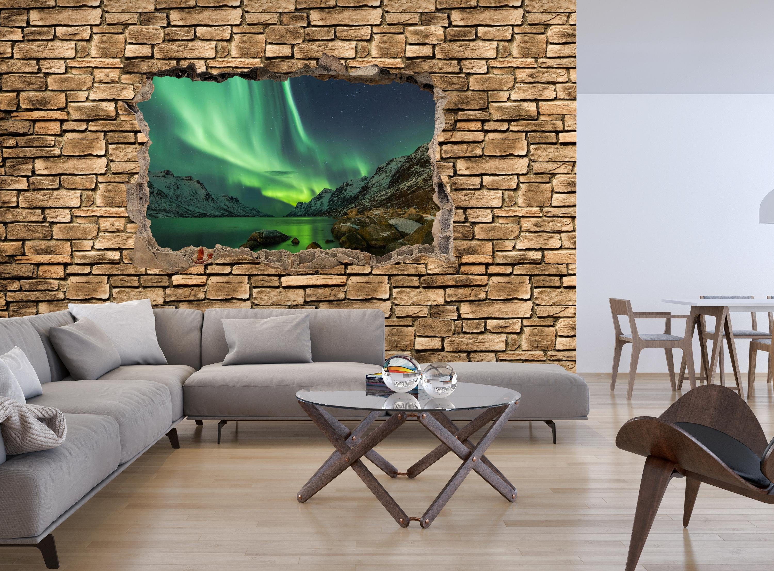 Vliestapete Aurora Optik glatt, matt, Borealis 3D Steinmauer, Tromsö Motivtapete, Fototapete - wandmotiv24 - Wandtapete,