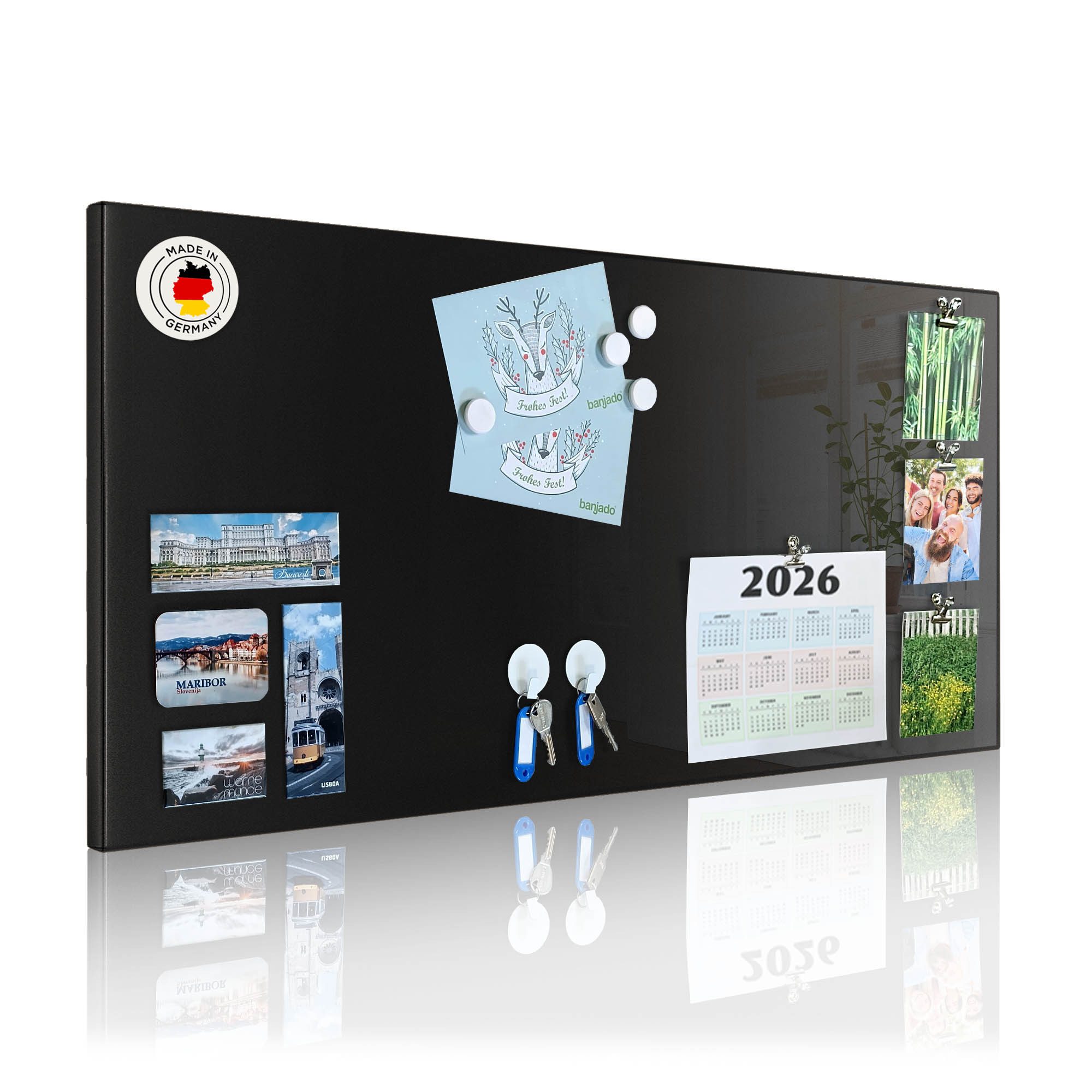 banjado Magnettafel aus Metall 78x37cm in schwarz, weiß oder grau, (mit Montagematerial und Magneten), magnetisch