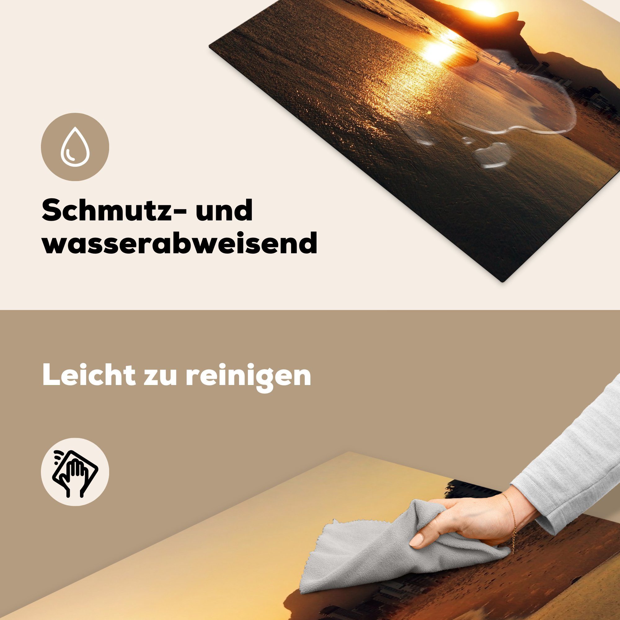 Mobile Sonne Die Arbeitsfläche (1 MuchoWow Ipanema Herdblende-/Abdeckplatte 70x52 dem Berg tlg), Ceranfeldabdeckung von nutzbar, hinter am Strand cm, in, Vinyl, verschwindet