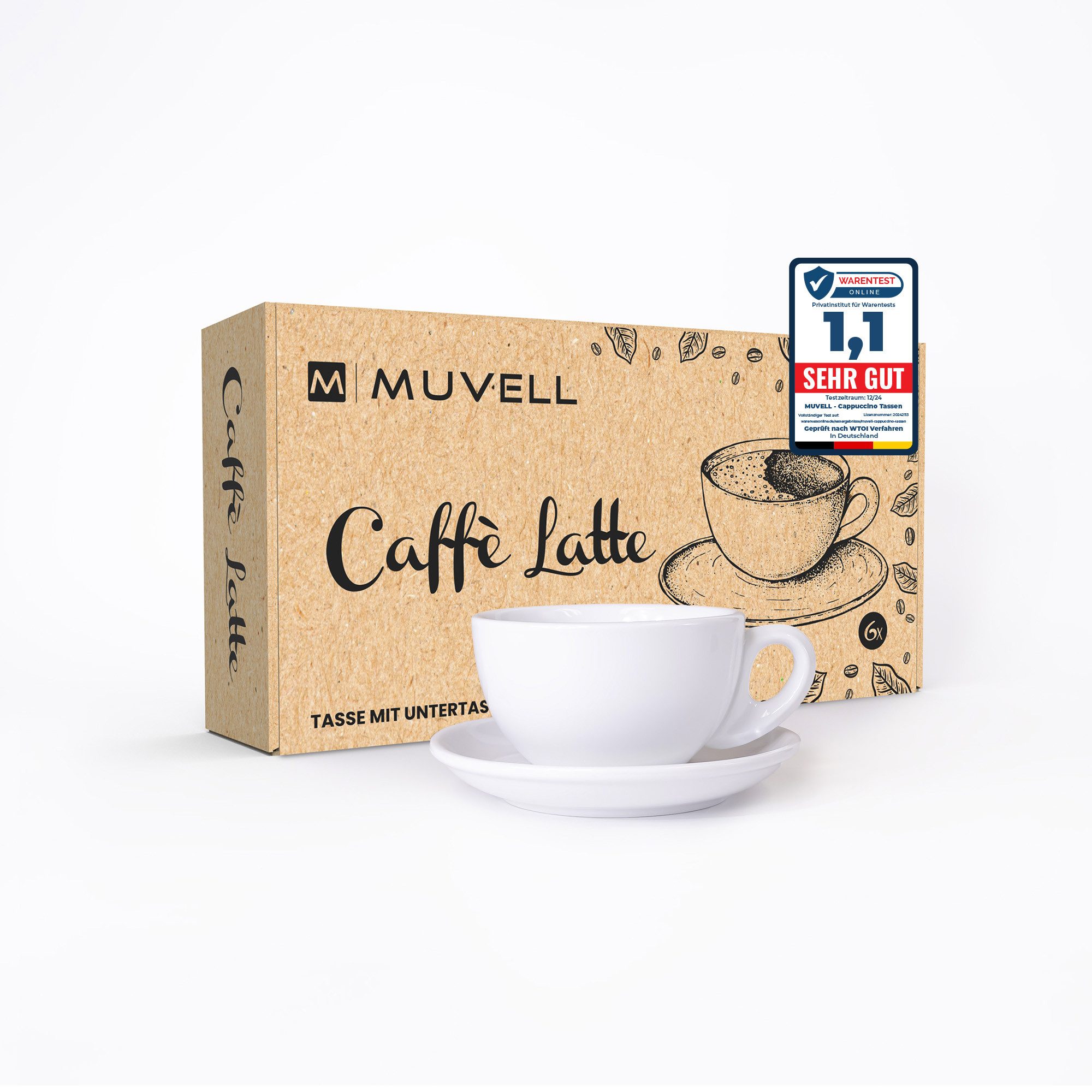 MUVELL Tasse Milchkaffee Set 6 Чашки & Untertassen 8mm dickwandig, Keramik, 290 ml weiß
