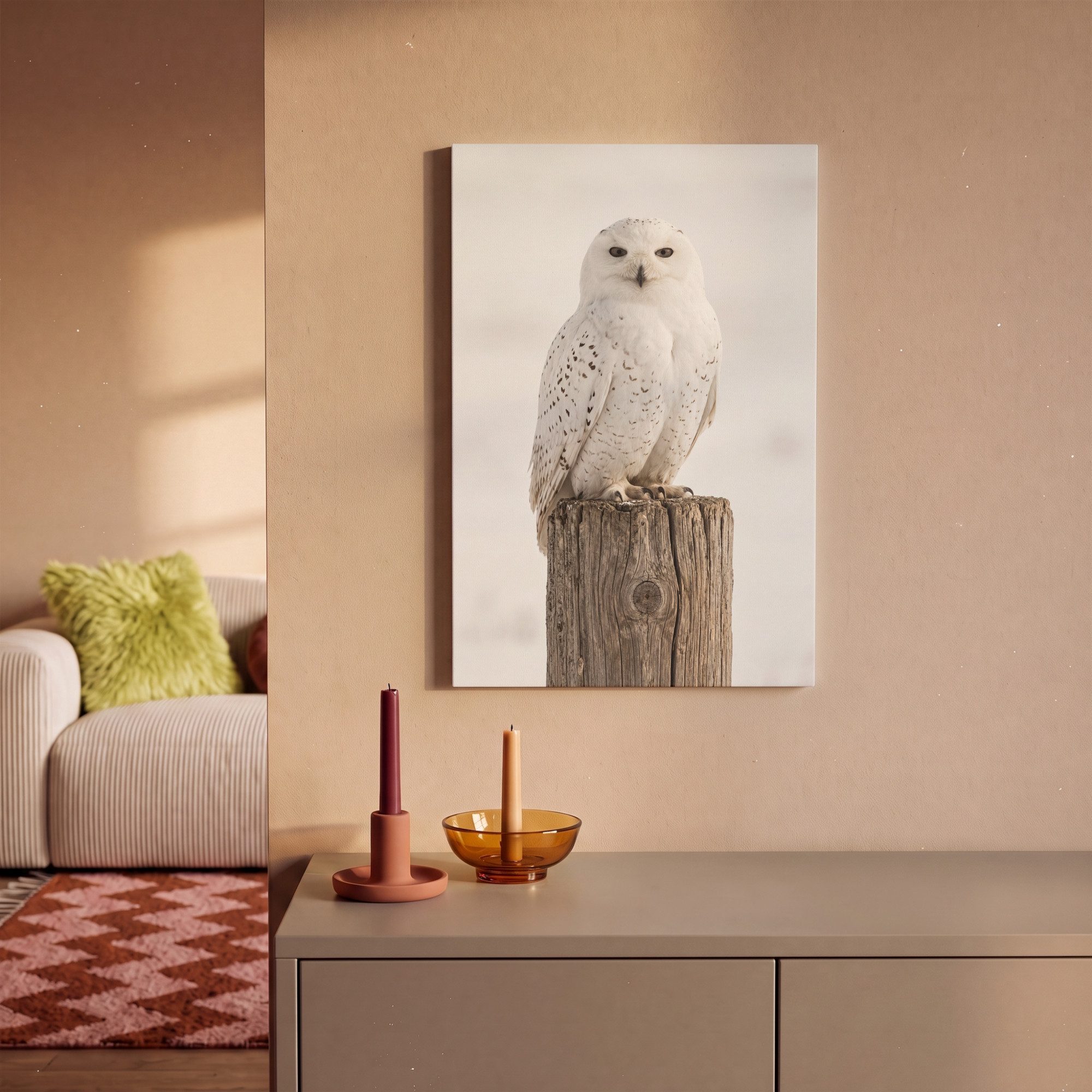 OneMillionCanvasses® Leinwandbild Schneeeule - Pfahl - Winter - Porträt - Majestätisch, Fotodruck (1 St), Leinwand Bilder Klein, Wand Dekoration Aesthetic 30x20 – Bild 2 von 5