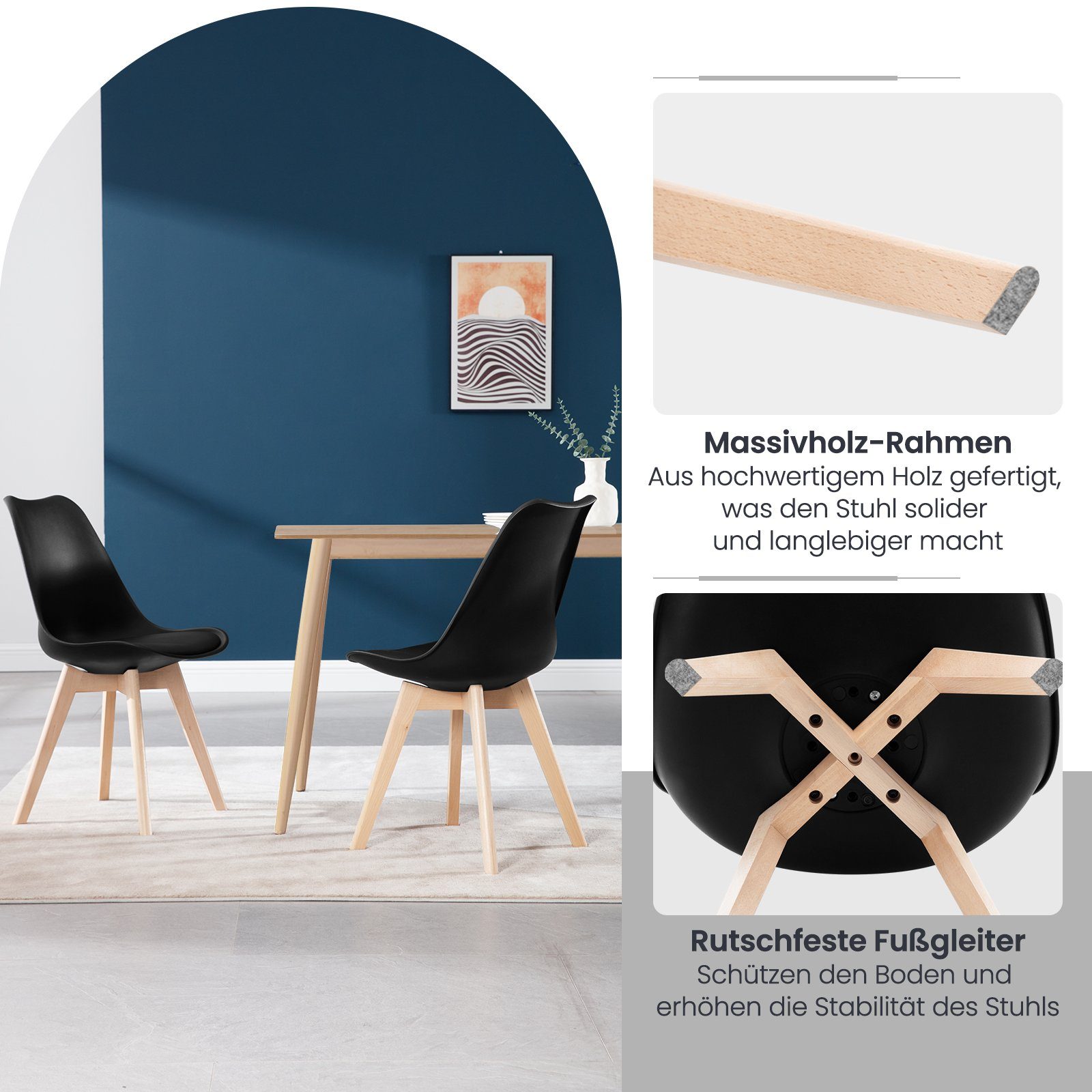 Massivholzbeinen, gepolstert, Design, Esszimmerstühle St), (4 mit Schwarz 4-Fußstuhl EUGAD Kunstleder