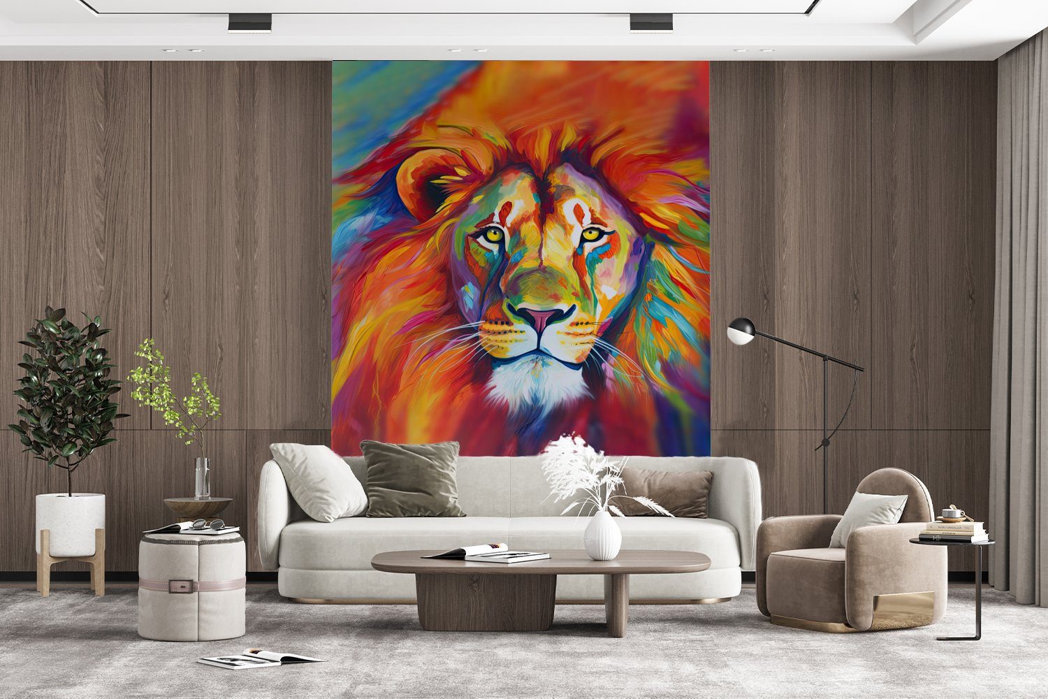 Wohnzimmer, Ölfarbe Fototapete bedruckt, Wandtapete Matt, Regenbogen, Vinyl - - Tiere Tapete Montagefertig MuchoWow - für Löwe (4 St),