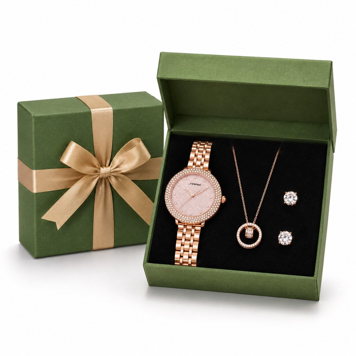 Luckice Quarzuhr Damen Quarzuhr Schmuckset mit Armband, Halskette,Ohrstecker, (Elegante Analog Armbanduhr für Damen – Geschenkset für Valentinstag, Geburtstag & Weihnachten, 3-tlg., rostfrei und farbbeständig)