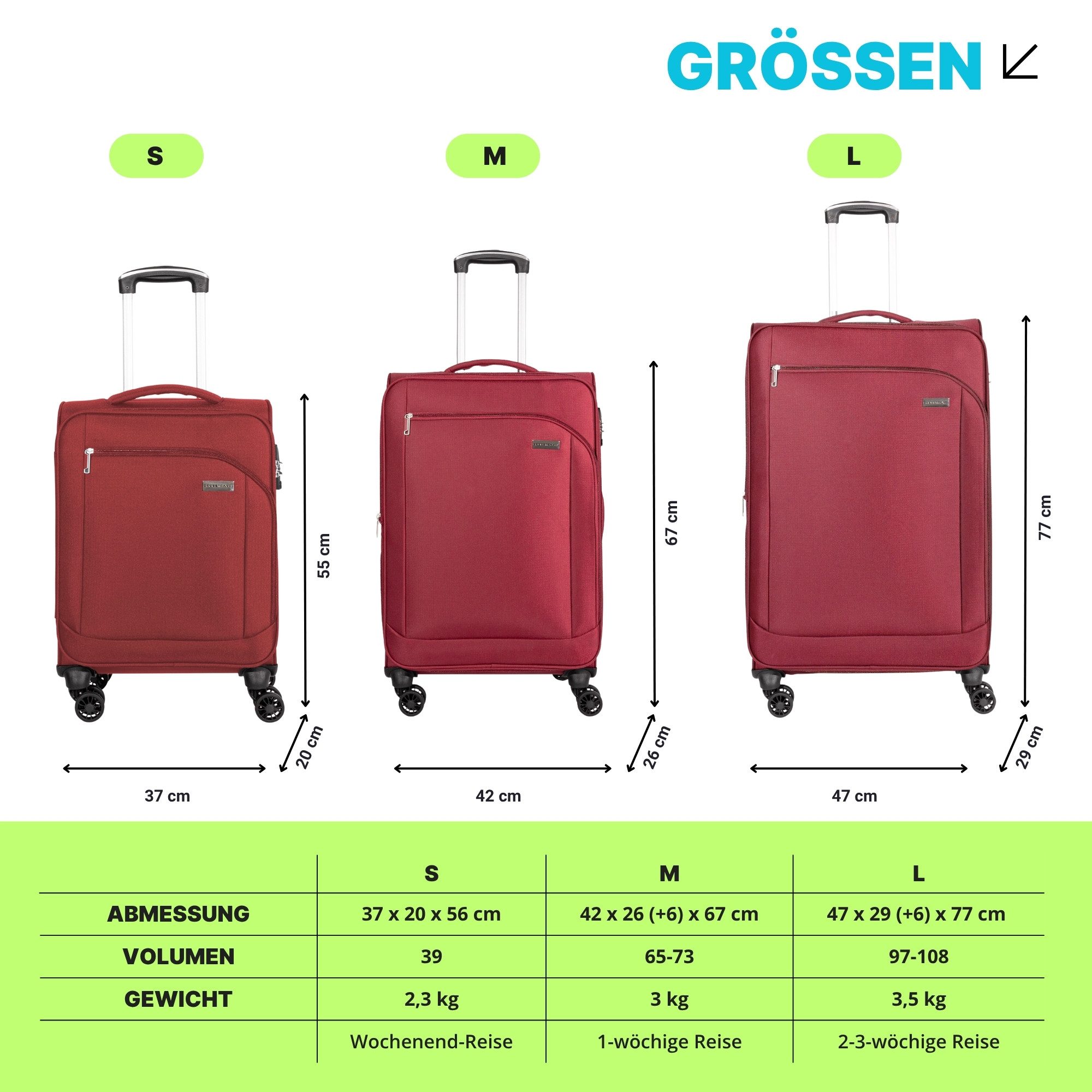 Crosstravel Kofferset Monterey, 4 Rollen, (3 tlg., Weichgepäck Trolley Set), Volumenerweiterung bei Größe M+L