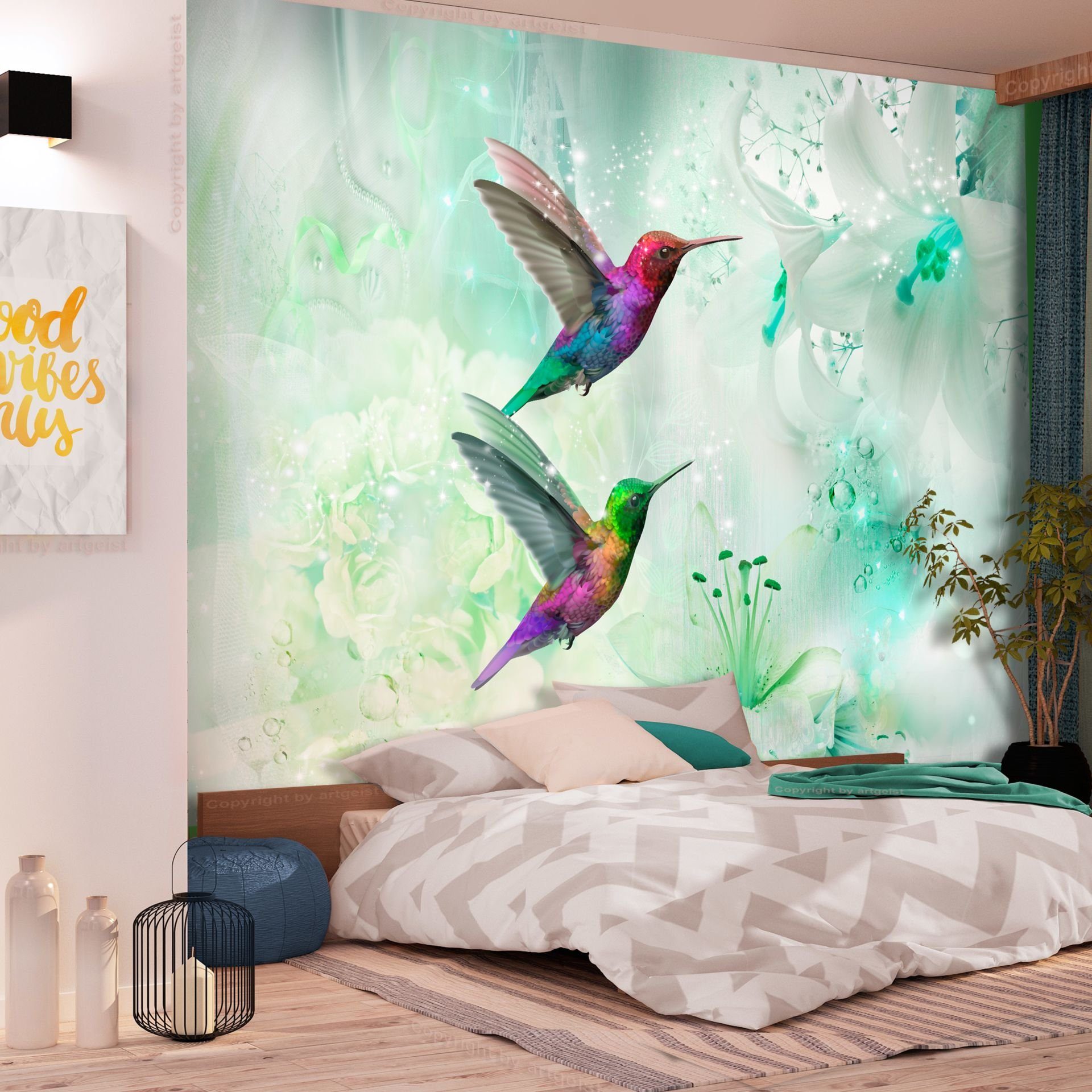 KUNSTLOFT Vliestapete Colourful Hummingbirds (Green) 1.47x1.05 m, matt, lichtbeständige Design Tapete
