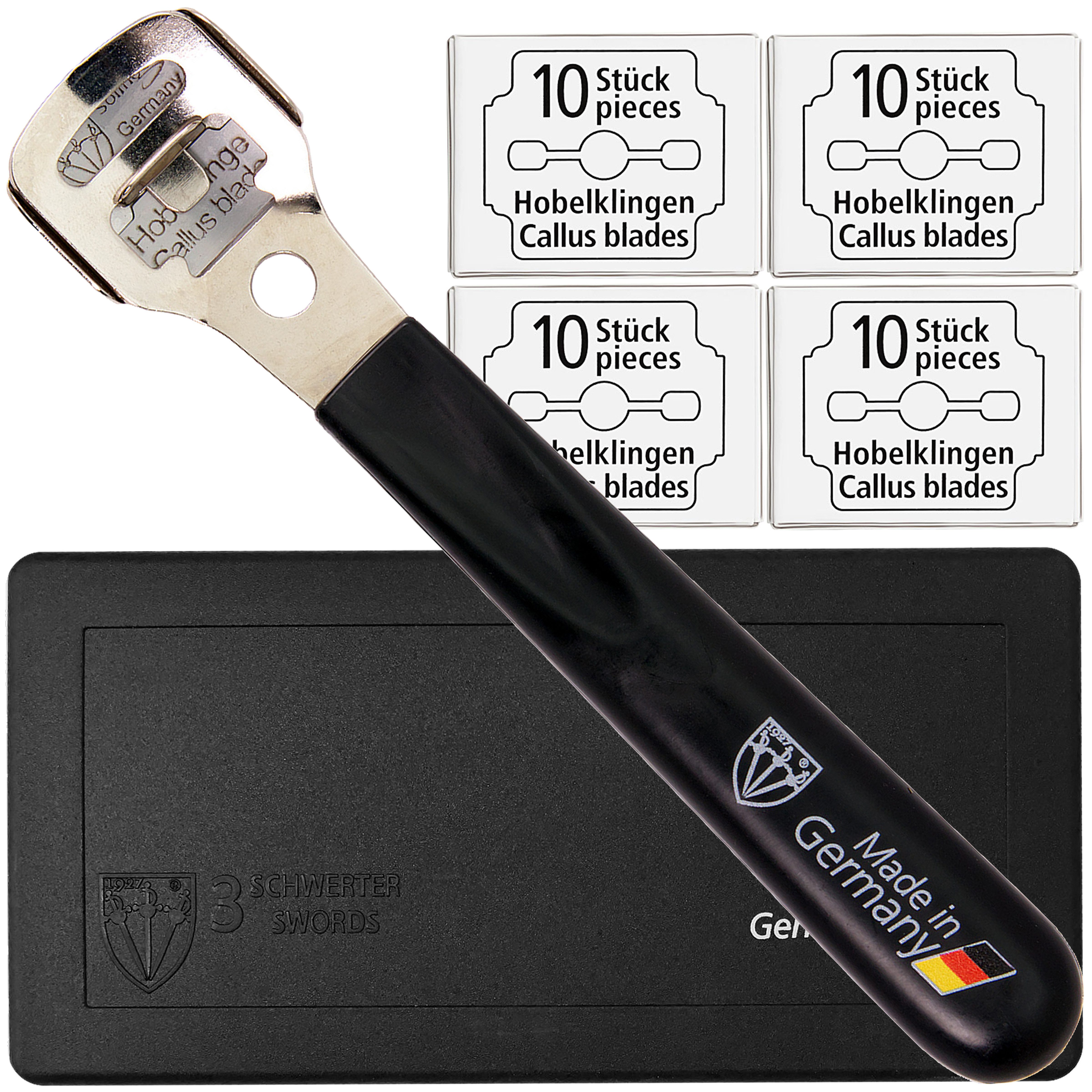 3 SCHWERTER Hornhautfeile Hochwertiges Pediküre Set zur Hornhautentfernung, 1-tlg., Hornhauthobel mit 40 Ersatzklingen (10x10), Made in Germany