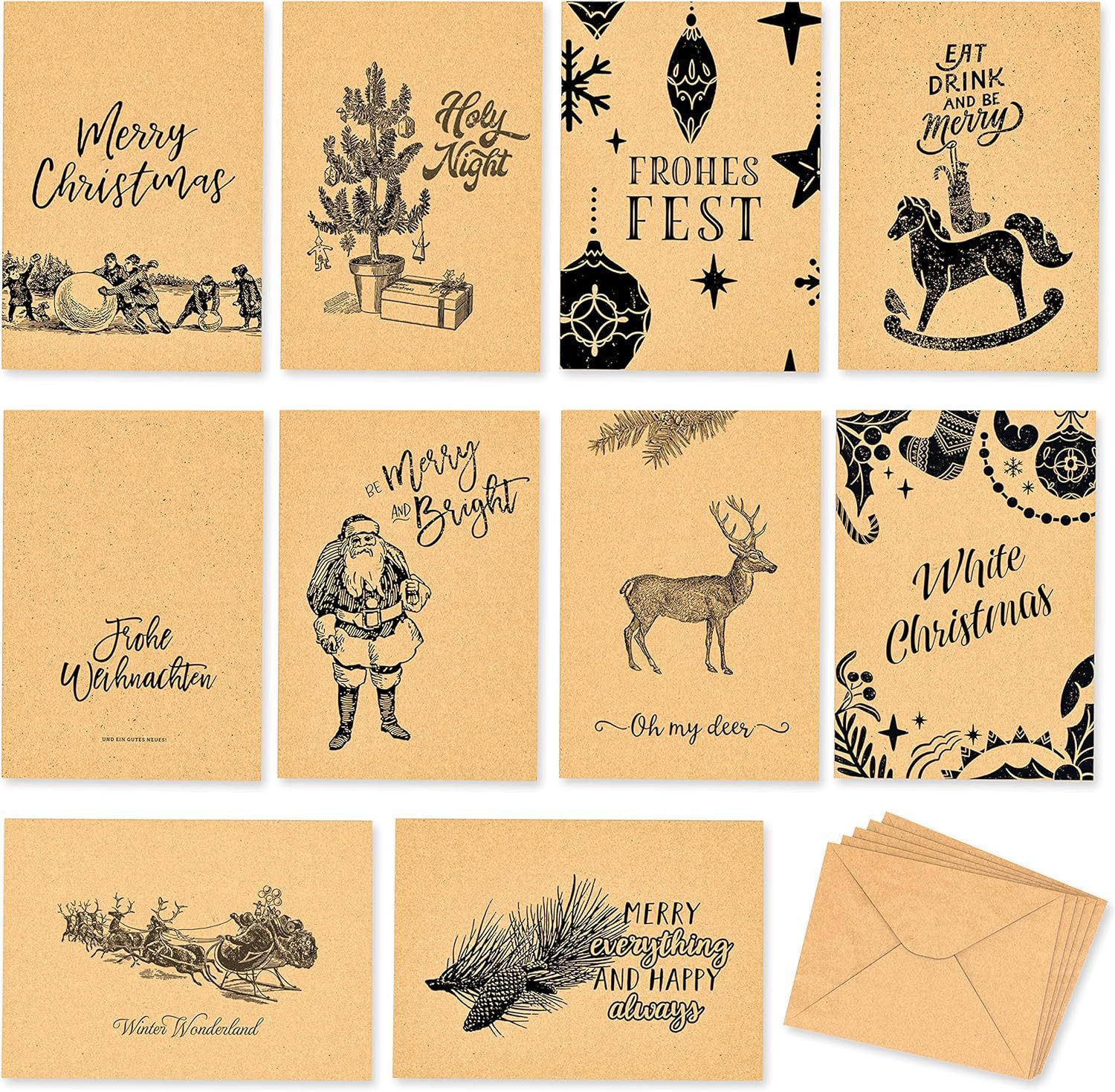 WEIDEBACH Weihnachtskarte Weihnachtskarten 10er Set mit Klappkarten Briefumschlag Kraftpapier