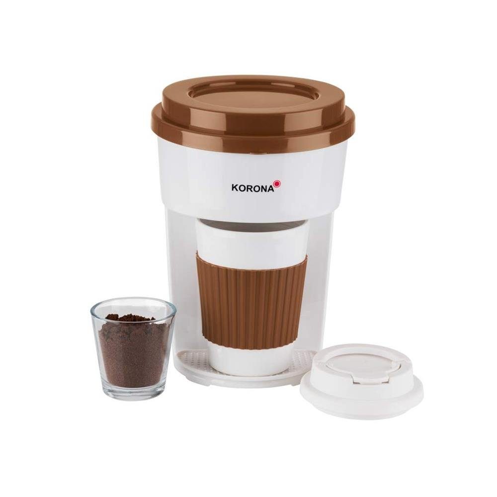 KORONA Filterkaffeemaschine Kaffee to Go Kaffeemaschine mit Becher, optimal für kleine Küchen, Büro, Wohnwagen, Wohnmobil, Camper Braun/Weiß