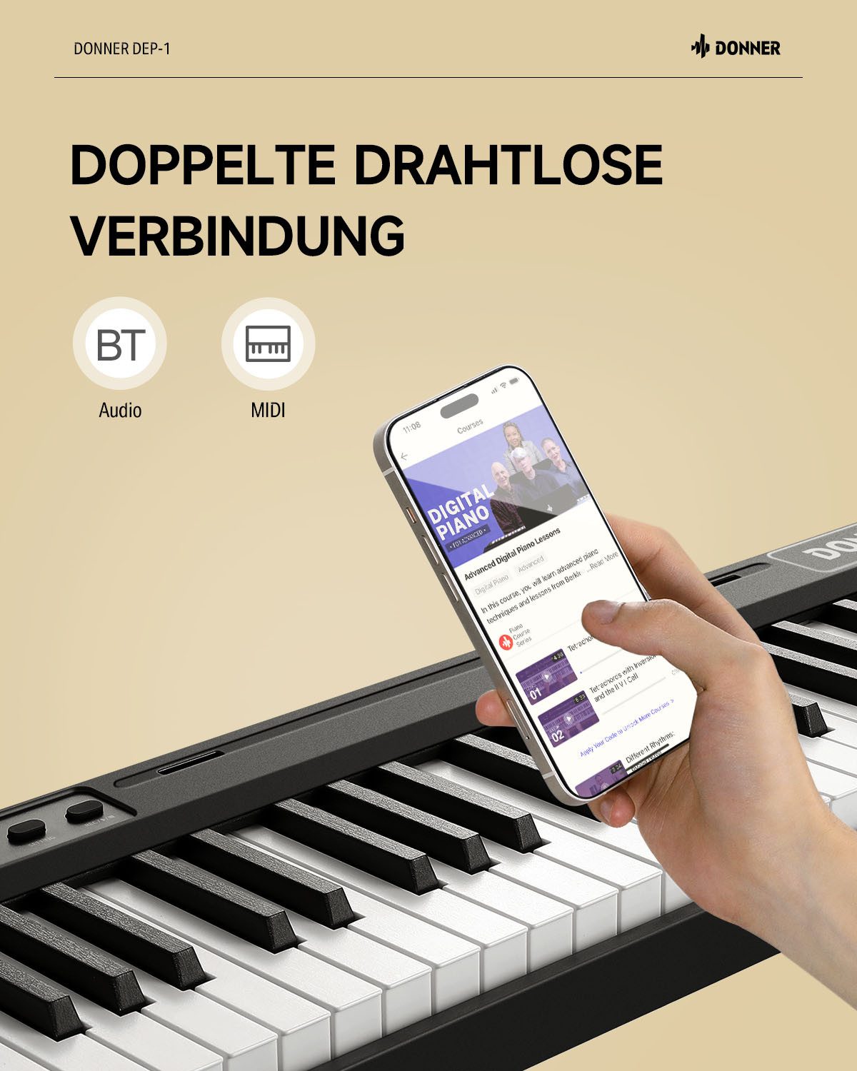 Donner Home-Keyboard Klavier 88 Tasten Elektro piano Einsteiger Tragbares E-Piano DEP-1 (Set, mit Ständer, Sustain-Pedal, Transporttasche und Keyboard-Aufkleber – Bild 5 von 5