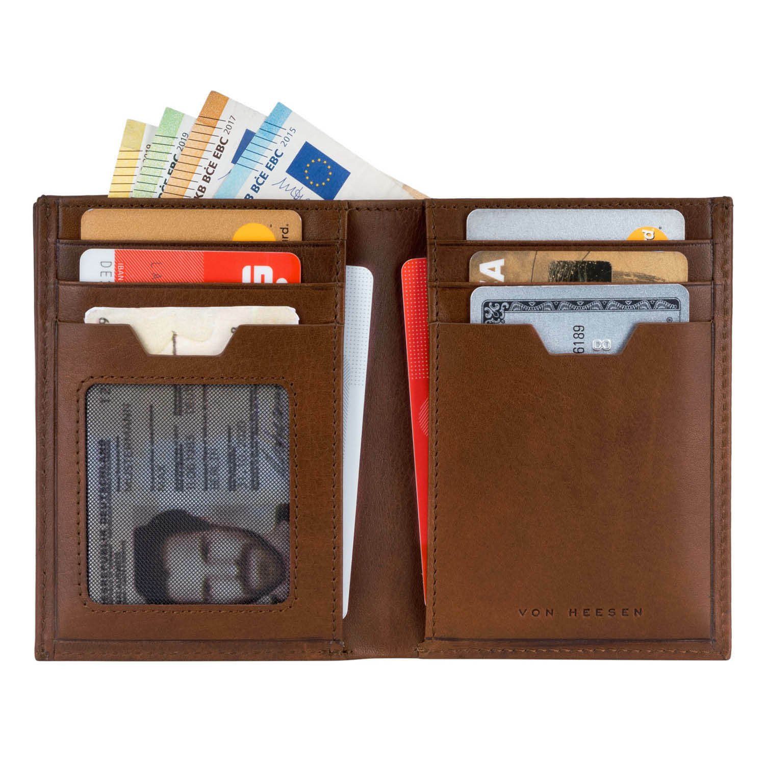 8 mit Portemonnaie Kartenfächer, Geschenkbox Geldbörse Münzfach Geldbeutel HEESEN RFID-Schutz, Cognac-Braun & inkl. XXL VON