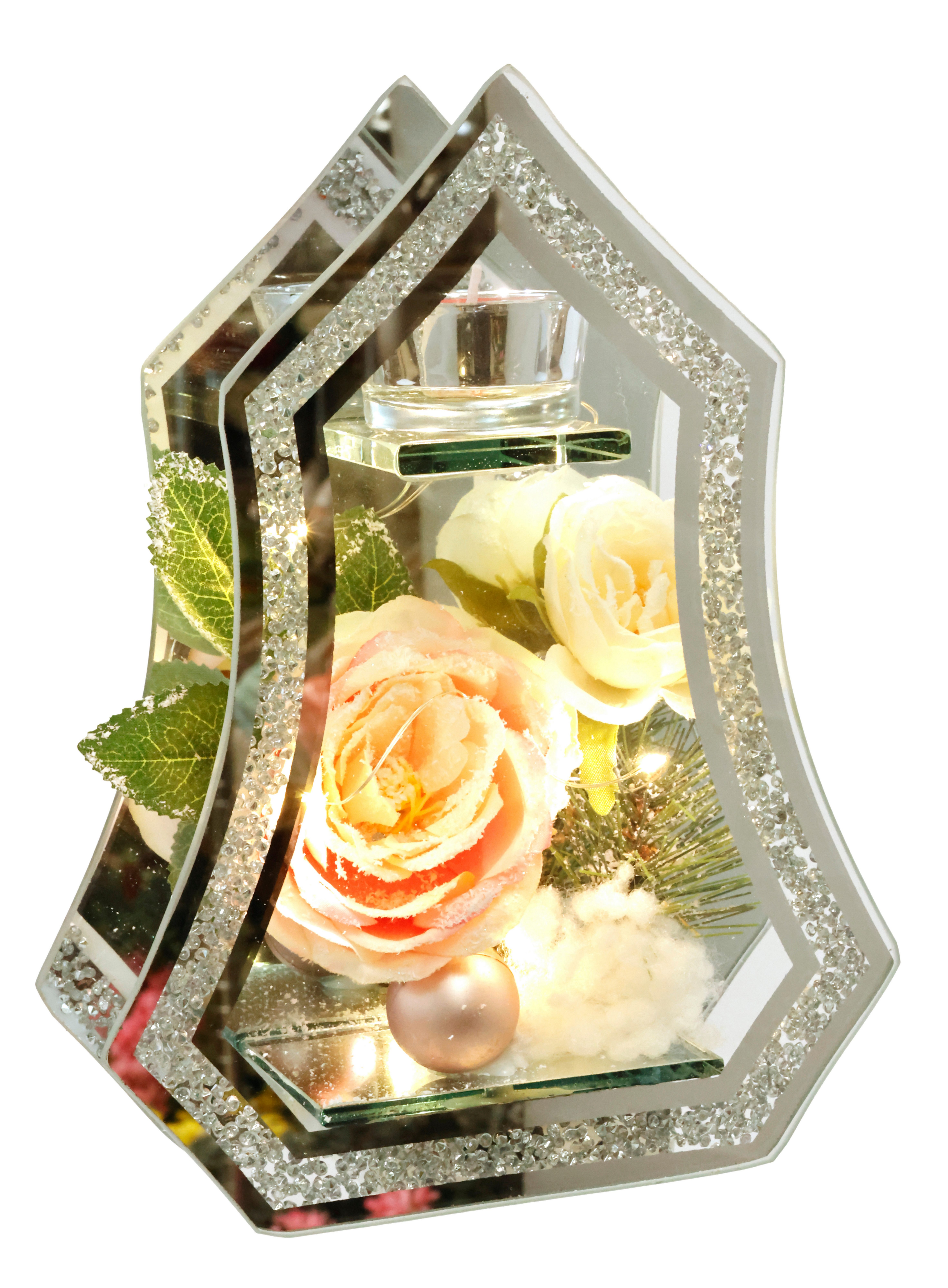 I.GE.A. Teelichthalter Deko-Objekt mit LED Licht und Teelichtkerze (1 St), Mit Rose Tanne Kugel Kunstschnee Weihnachtsdeko Kerzenhalter Geschenk – Bild 4 von 5