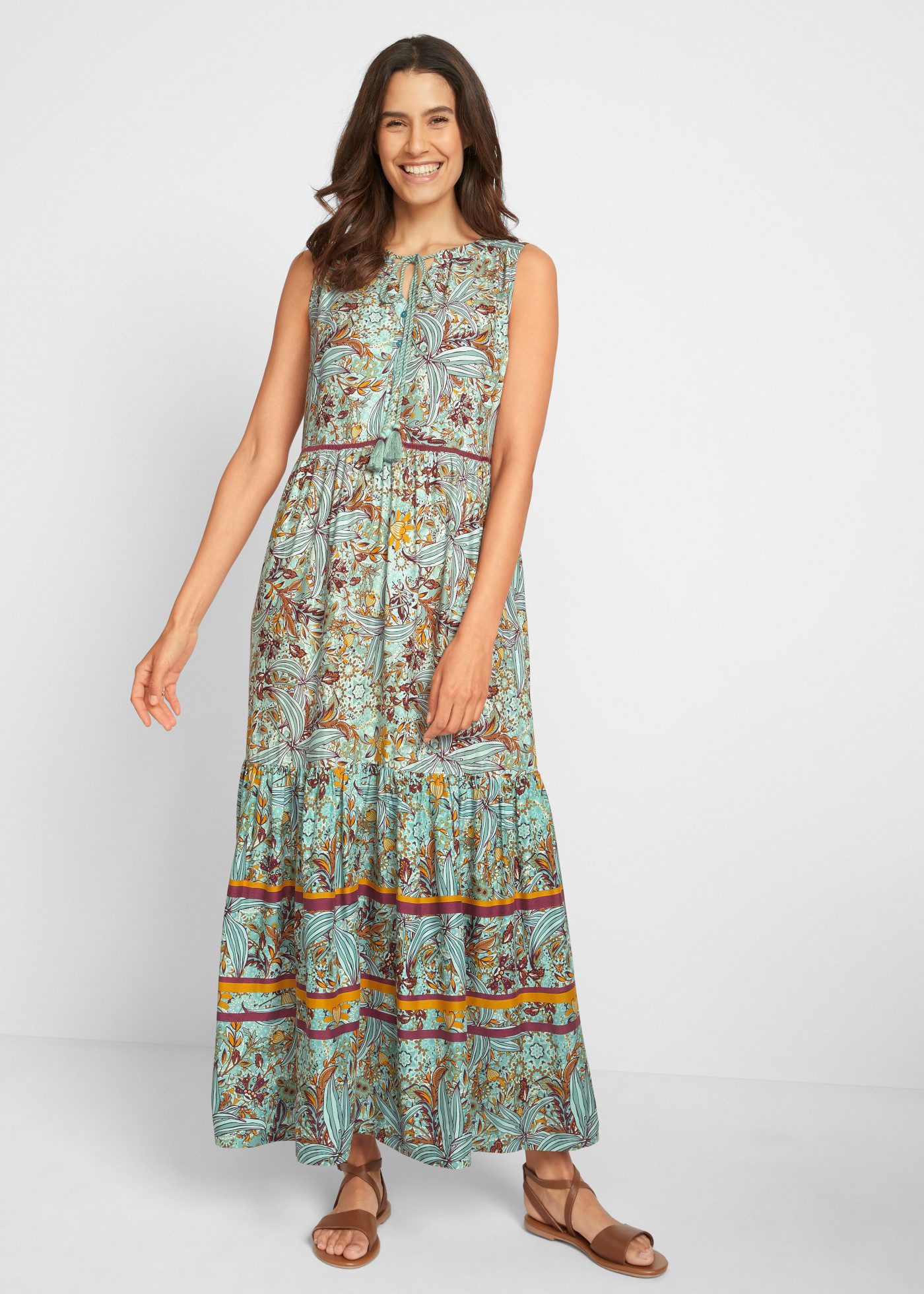 bonprix Maxikleid eleganter Stil, aus Viskose, Loose Fit, ärmellos, mit Bordürendruck