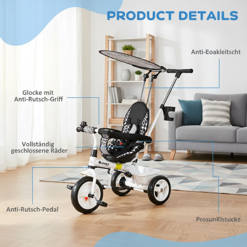 kowdom Dreirad-Kinderwagen 6-in-1 Dreirad mit Schubstange ab 1 Jahr – Kinderdreirad, Weiß, 6-in-1, Schiebestange, Sonnendach, Ablagekorb, 5-Punkt-Gurt