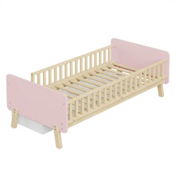 Fangqi Kinderbett Kinderbett, Massivholz Einzelbett mit 2 Schubladen, Rosa/Weiß (Fallschutzschienen auf beiden Seiten des Bettes), Ohne Matratze