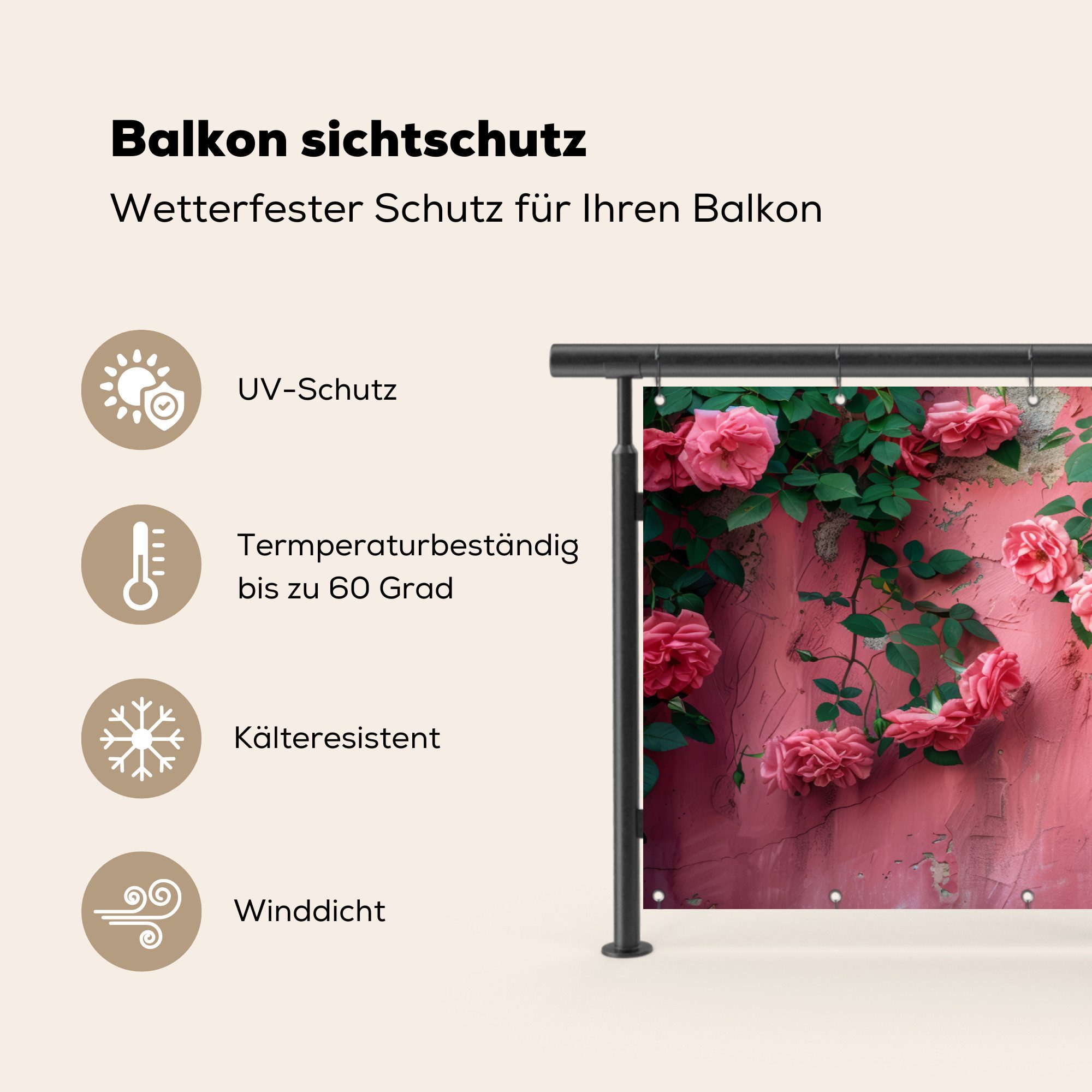 MuchoWow Balkonsichtschutz Rosa - Blumen - Rosen - Blätter (1-St) Balkon Sichtschutz 90x200, Windschutz für Zaun PVC, 200x90 cm – Bild 3 von 5
