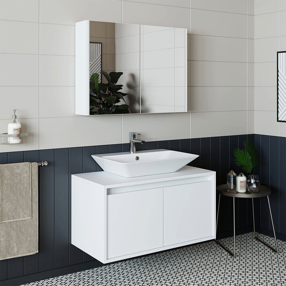 Roomart Badmöbel-Set ATLANTIC Waschtisch + Spiegelschrank + Keramik-Aufsatzwaschbecken, (ATLANTIC – Unterschrank + Spiegelschrank + Waschbecken), feuchtigkeitsbeständig, Spiegelschrank mit Stauraum, DHL-Lieferung