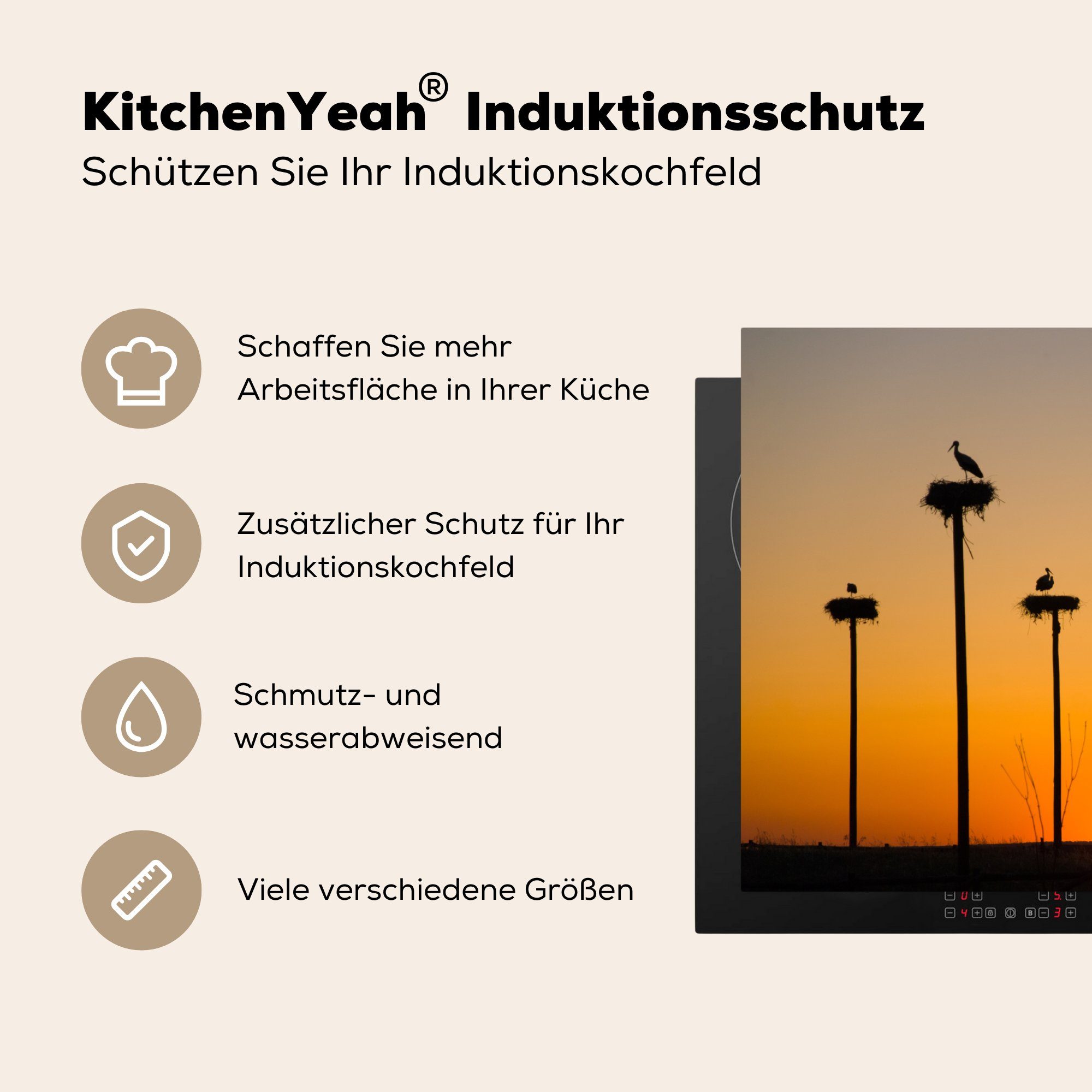 Ceranfeldabdeckung Herdblende-/Abdeckplatte 81x52 Silhouetten und Vinyl, MuchoWow einem Induktionskochfeld vor (1 Schutz die cm, küche, Störchen von für Nestern tlg), Sonnenuntergang,