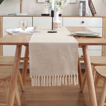 Blusmart Tischläufer Tischläufer Rechteckige Häkelspitze Tischdecken (Nordic Stil Beige 1-tlg, Handgemachten Quaste Baumwolle Leinen), Geeignet als Tischdekoration