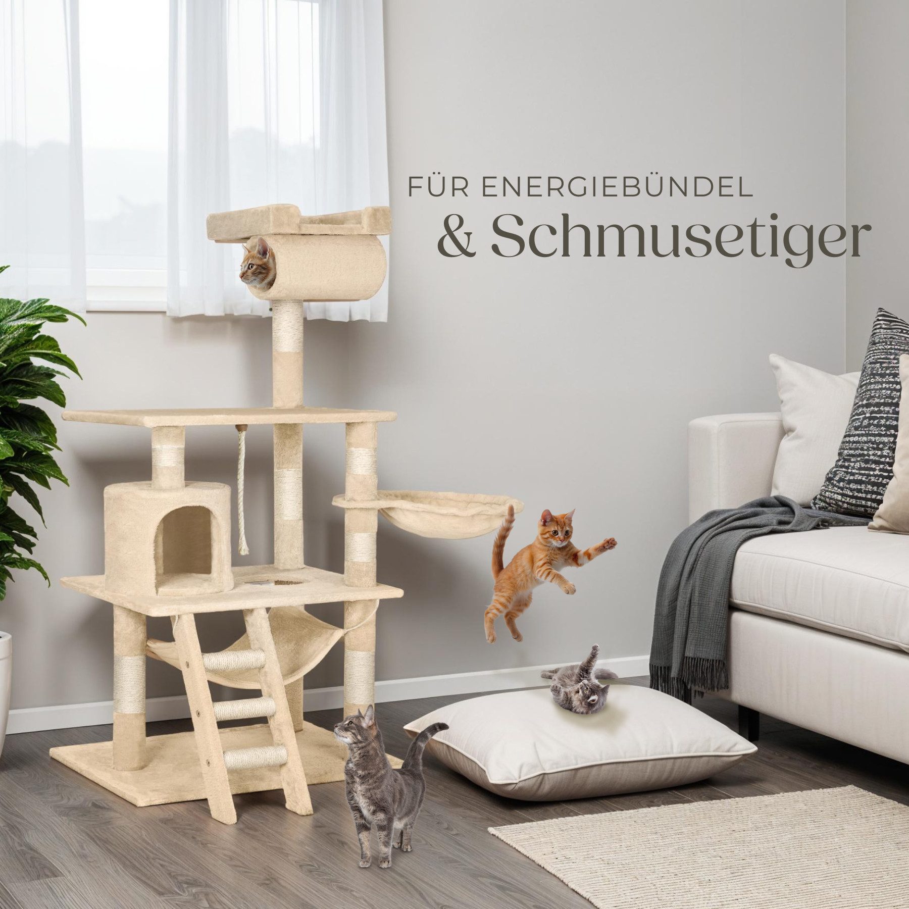tectake Kratzbaum Katzenbaum Stokeley 141 cm Diverse Farben, Vielseitig mit robusten Sisalstangen und Plüschoberfläche